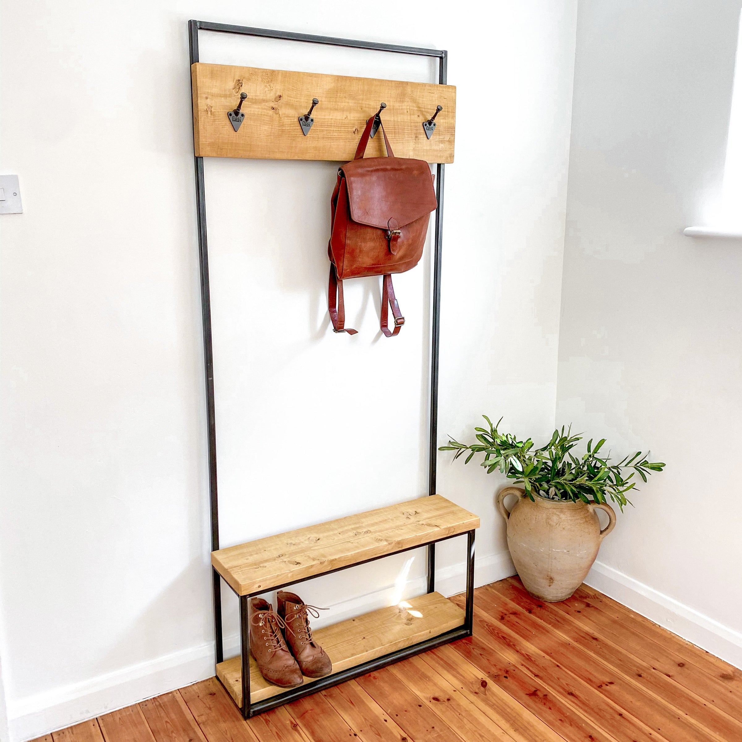 Rustic wood and steel coat rack hallway stand entryway bench with iron hooks