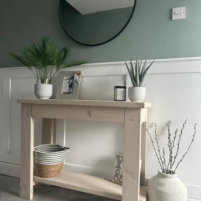 Devon-made rustic hall tables and consoles in Natural finish with storage shelf