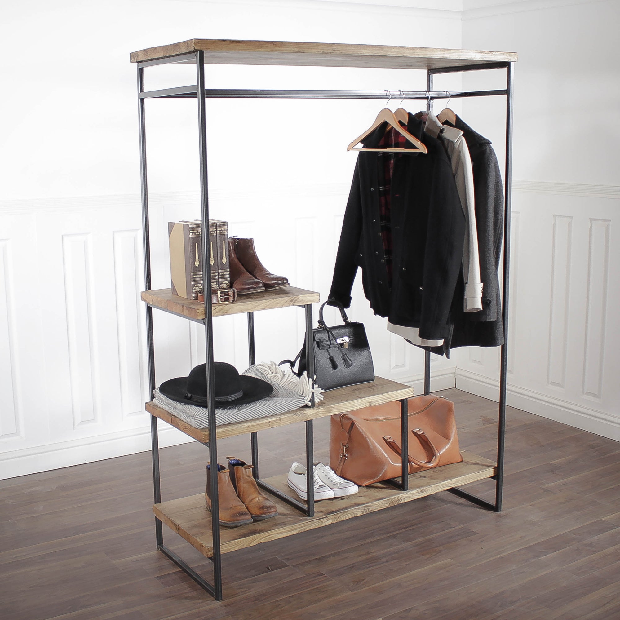 Industrial Open Wardrobe Clothes Rail Rack Reclaimed Wood Display Shoe Storage Shop Garment Hanger Walk In Custom Hanging Retail Stand Heavy.