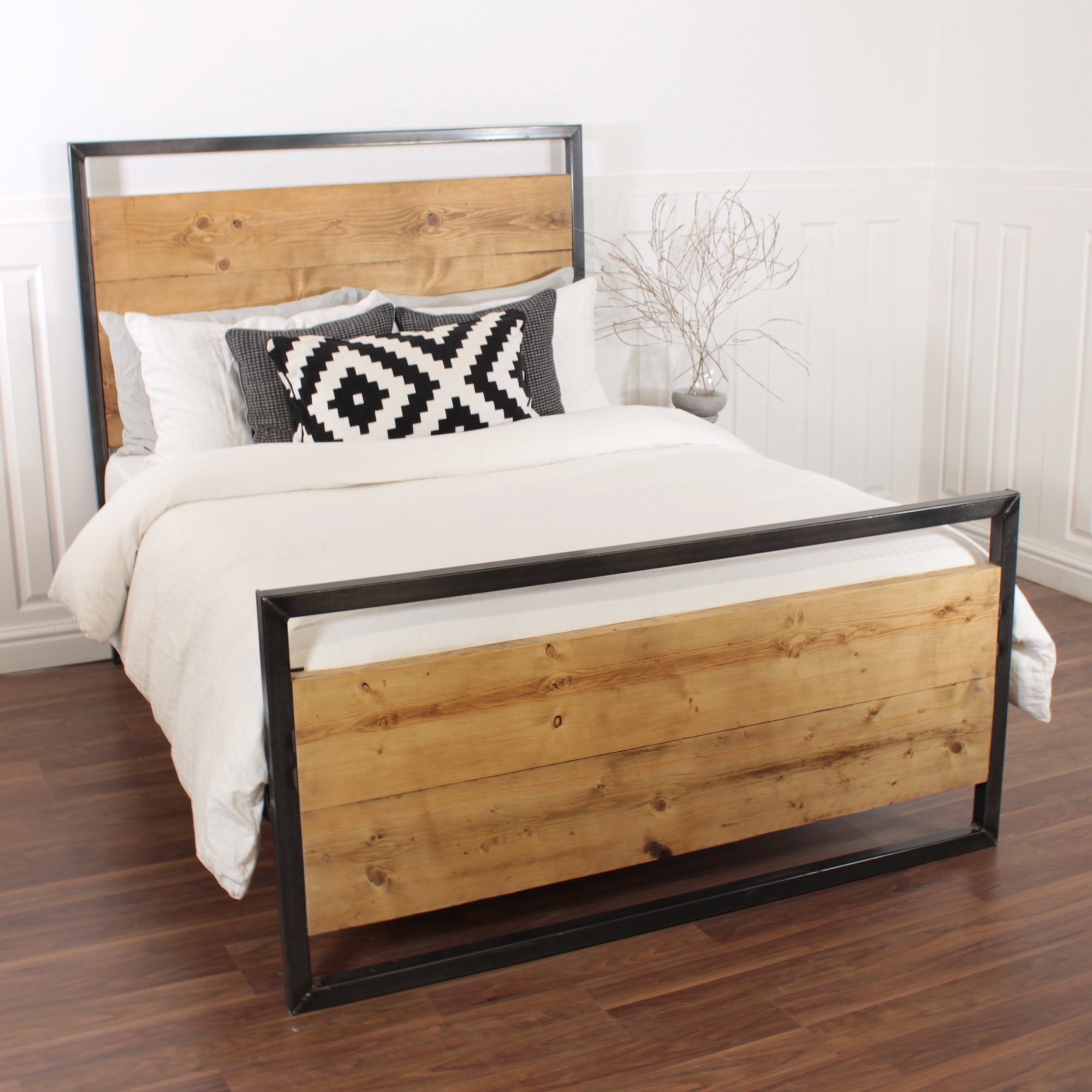 Industrial Bed Handmade Wooden Steel Double Single Frame King Reclaimed Wood Pine Solid Farmhouse Oak Country Metal.