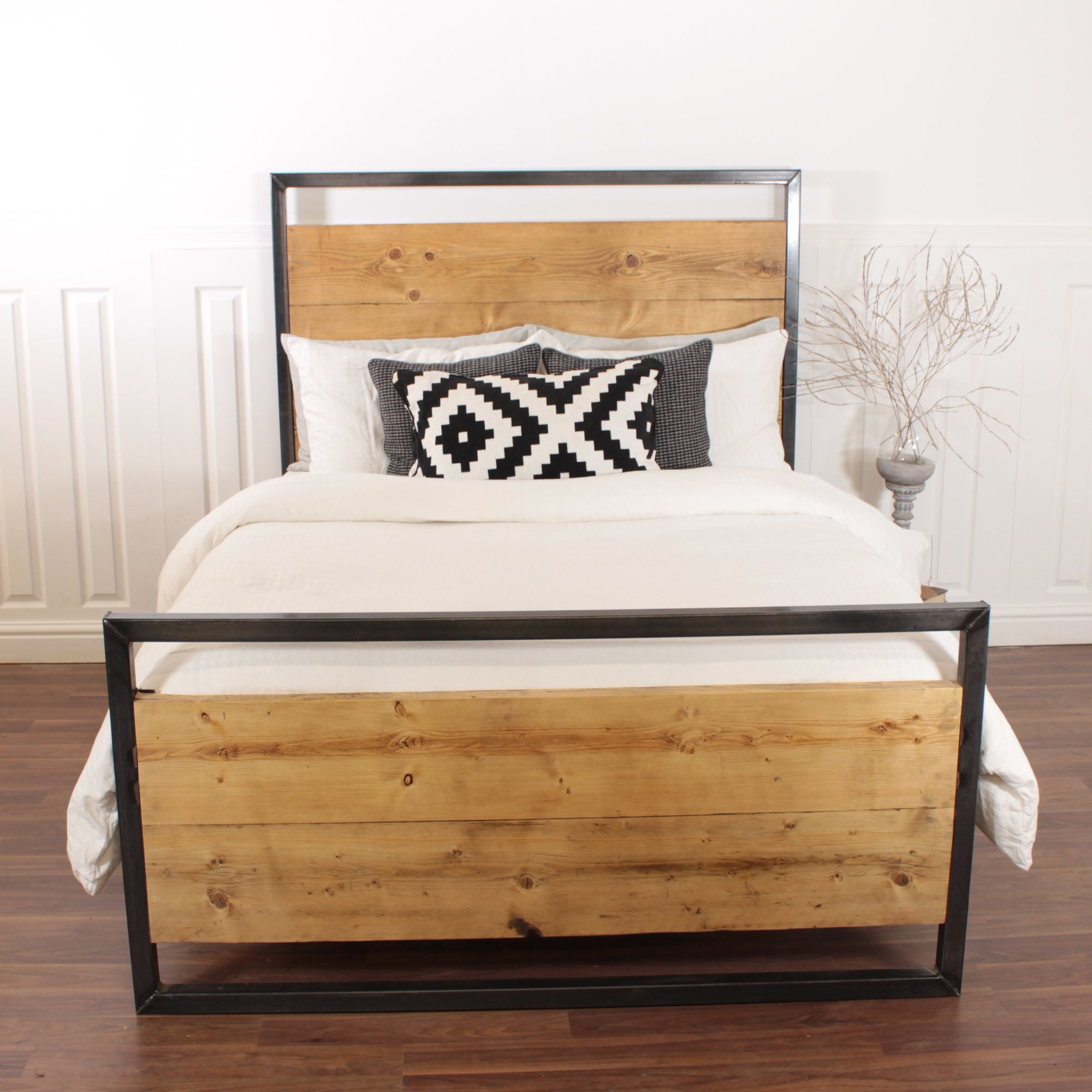 Industrial Bed Handmade Wooden Steel Double Single Frame King Reclaimed Wood Pine Solid Farmhouse Oak Country Metal.