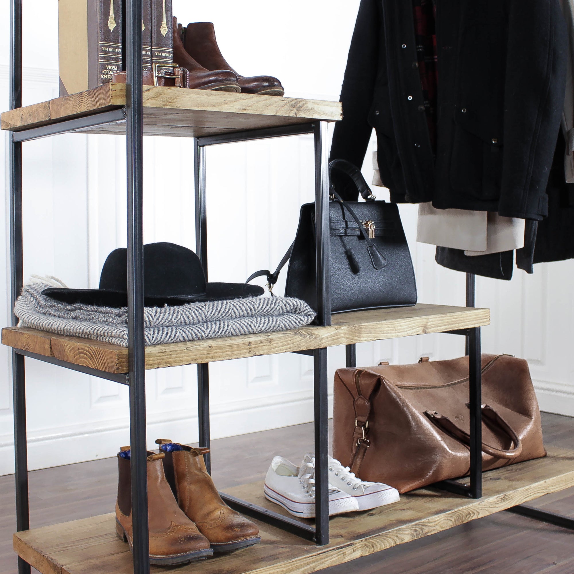 Industrial Open Wardrobe Clothes Rail Rack Reclaimed Wood Display Shoe Storage Shop Garment Hanger Walk In Custom Hanging Retail Stand Heavy.