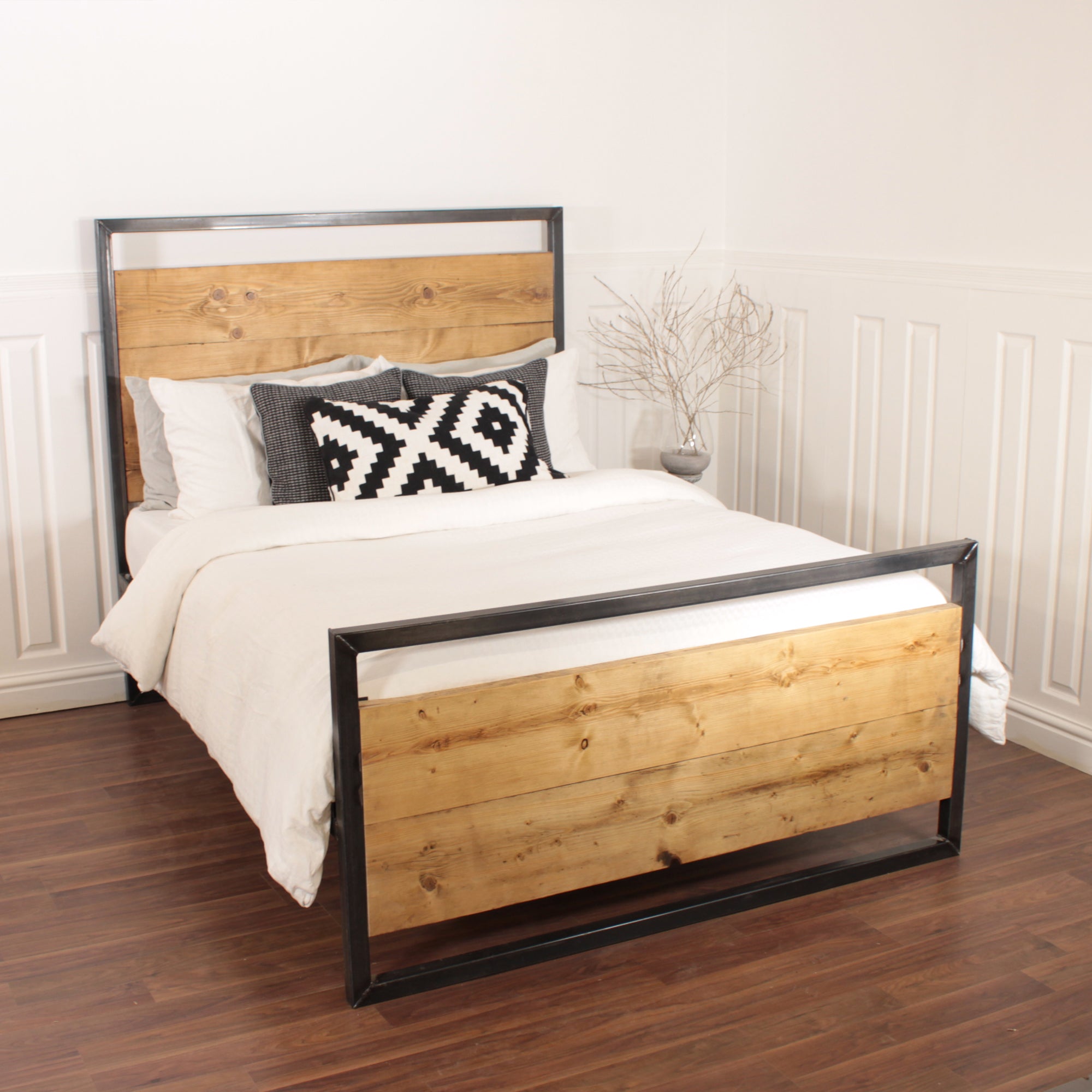 Industrial Bed Handmade Wooden Steel Double Single Frame King Reclaimed Wood Pine Solid Farmhouse Oak Country Metal.