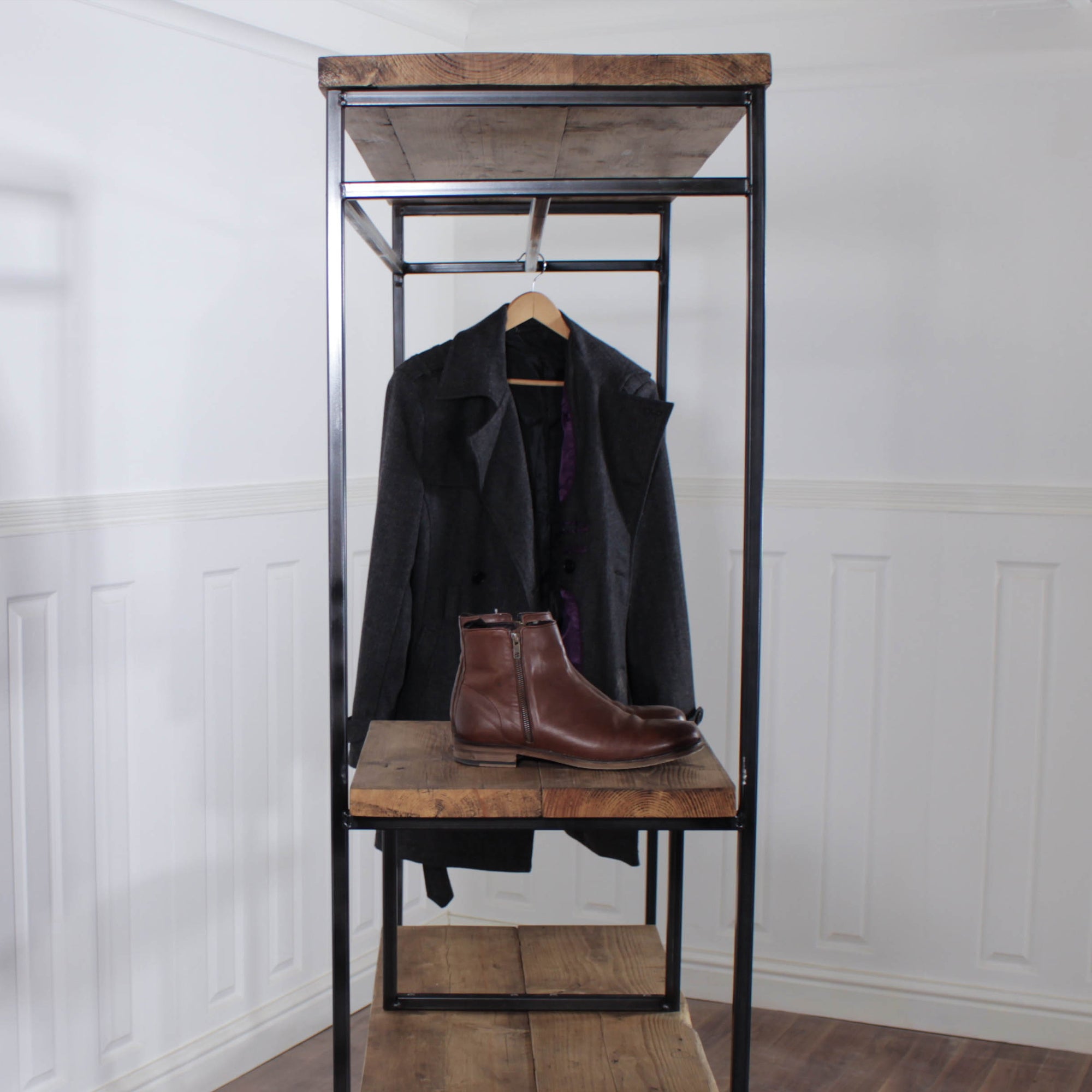 Industrial Open Wardrobe Clothes Rail Rack Reclaimed Wood Display Shoe Storage Shop Garment Hanger Walk In Custom Hanging Retail Stand Heavy.