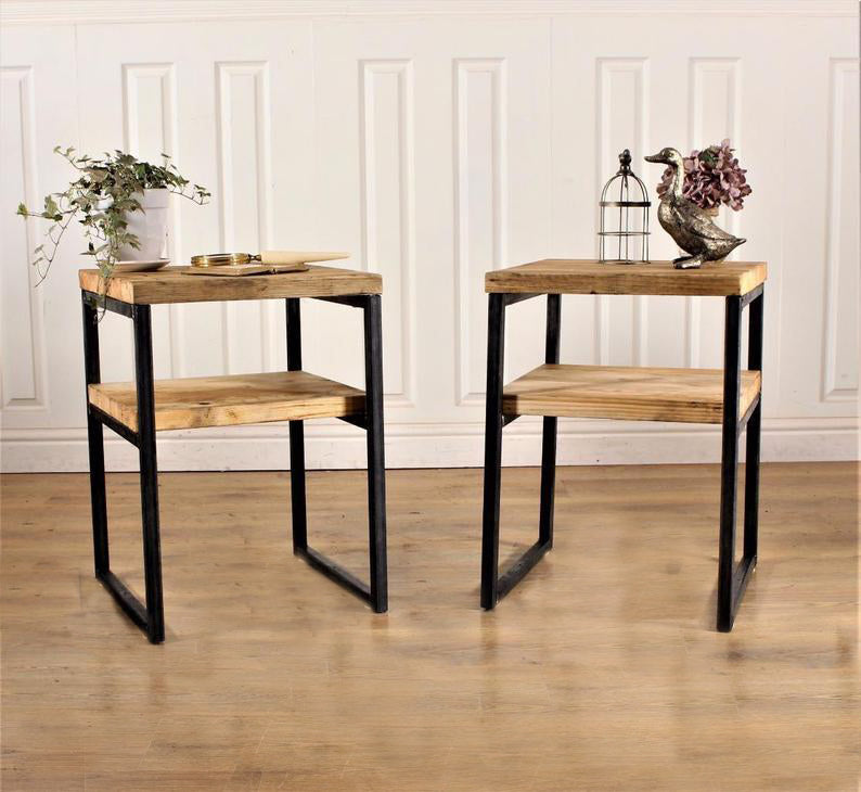 Industrial Bedside Table Pair Rustic Reclaimed Side Handmade Nightstand Vintage Farmhouse End Coffee Cabinet Chest Retro Wood Metal Steel.