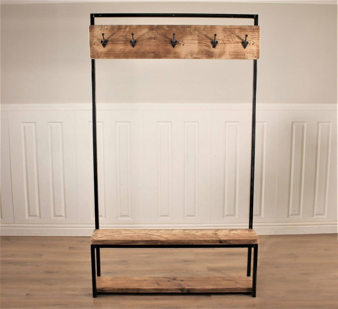 Industrial Hall Stand Coat Rack Storage Shoe Hooks Wood Rustic Reclaimed Umbrella Stand Bench Seat Entryway Handmade Steel Handbag Hallway Clothes.