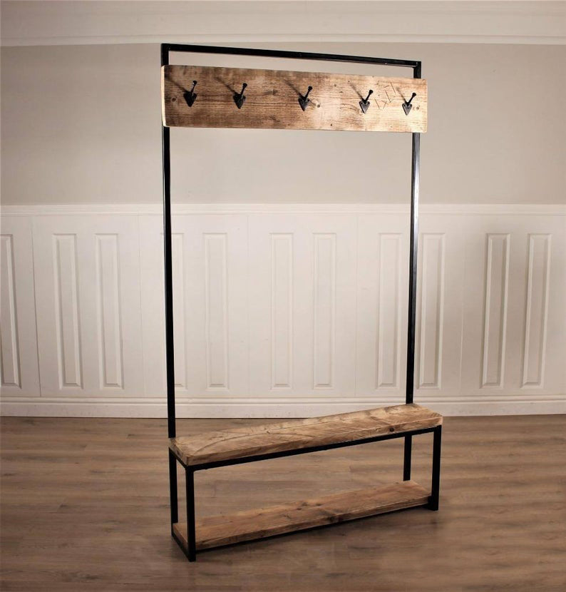 Industrial Hall Stand Coat Rack Storage Shoe Hooks Wood Rustic Reclaim