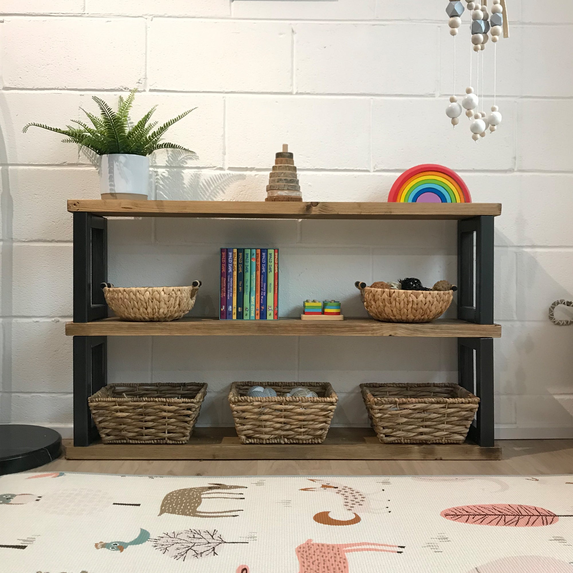 Childrens Bookcase Toy Storage Shelf Wall Shelves Solid Wooden Natural Rustic Chunky Bedroom Set Play Area Montessori Room Kids Display Open Books.