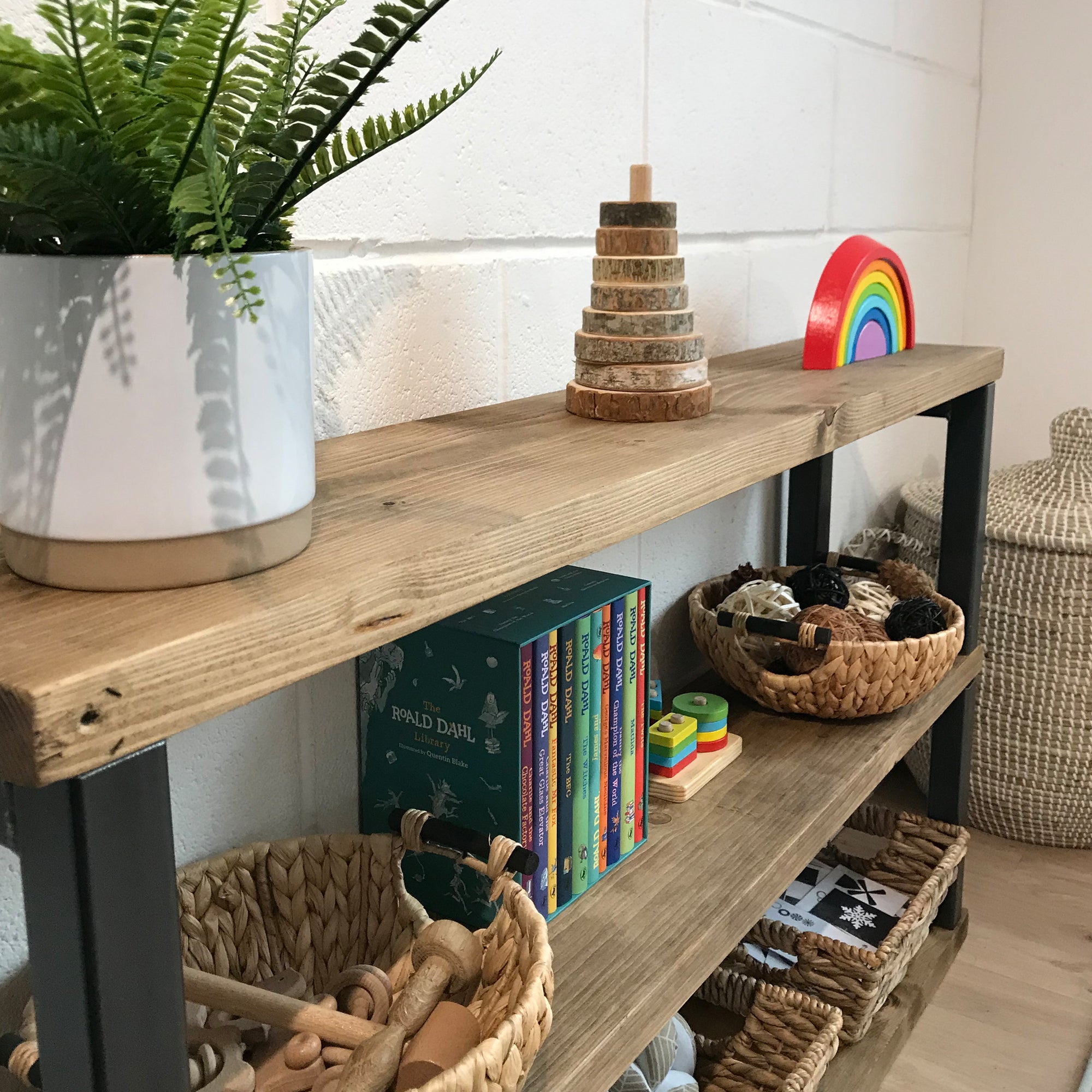 Childrens Bookcase Toy Storage Shelf Wall Shelves Solid Wooden Natural Rustic Chunky Bedroom Set Play Area Montessori Room Kids Display Open Books.