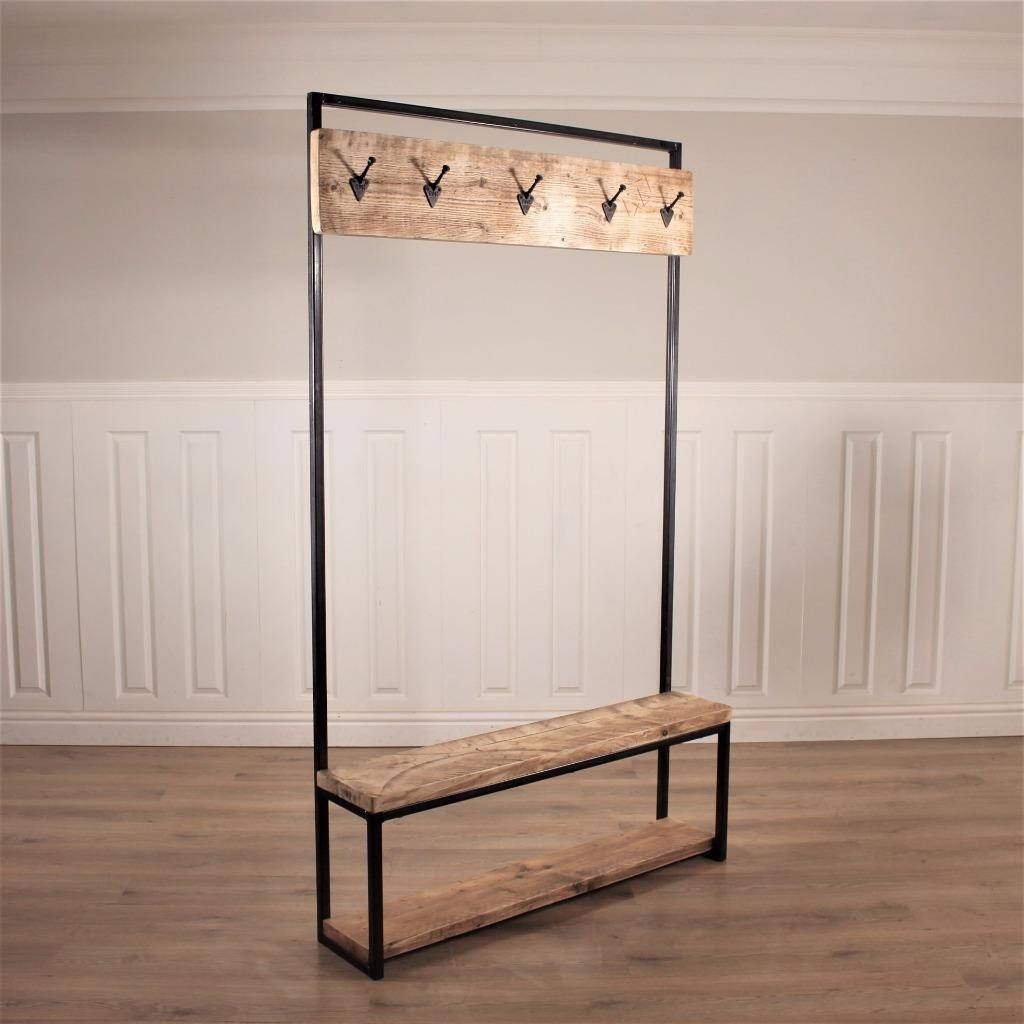 Industrial Hall Stand Coat Rack Storage Shoe Hooks Wood Rustic Reclaimed Umbrella Stand Bench Seat Entryway Handmade Steel Handbag Hallway Clothes.