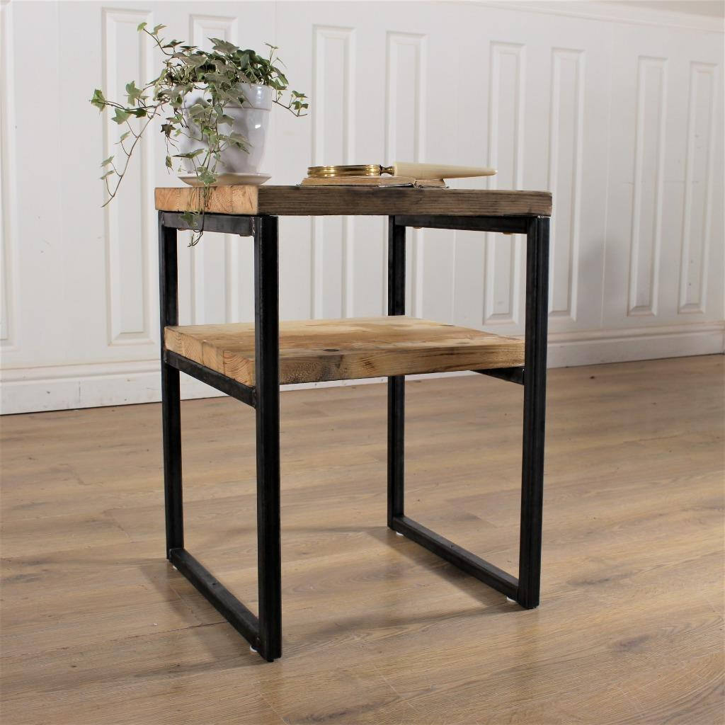Industrial Bedside Table Pair Rustic Reclaimed Side Handmade Nightstand Vintage Farmhouse End Coffee Cabinet Chest Retro Wood Metal Steel.