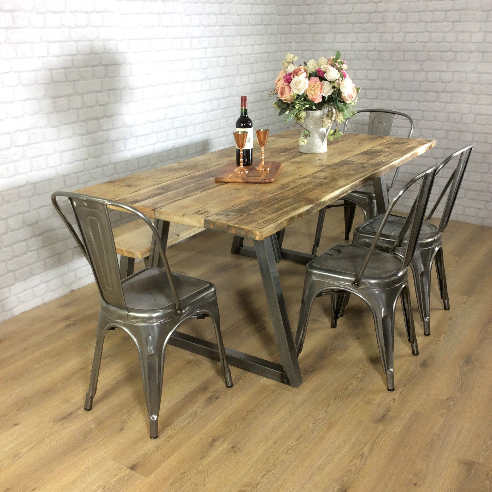 Rustic Dining table Industrial Seater Solid Reclaimed Wood Metal Bar Cafe Restaurant Furniture Steel Handmade in Britain ALL SIZES Bench 100cm