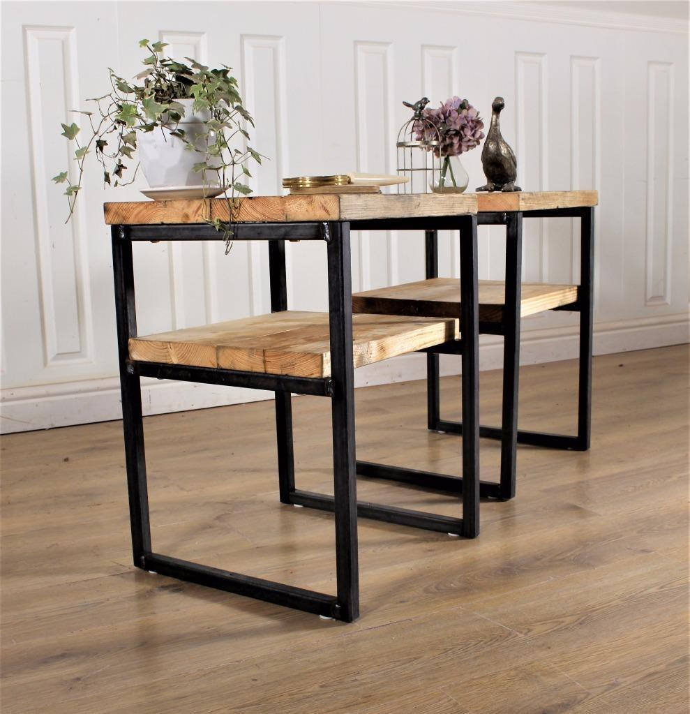 Industrial Bedside Table Pair Rustic Reclaimed Side Handmade Nightstand Vintage Farmhouse End Coffee Cabinet Chest Retro Wood Metal Steel.