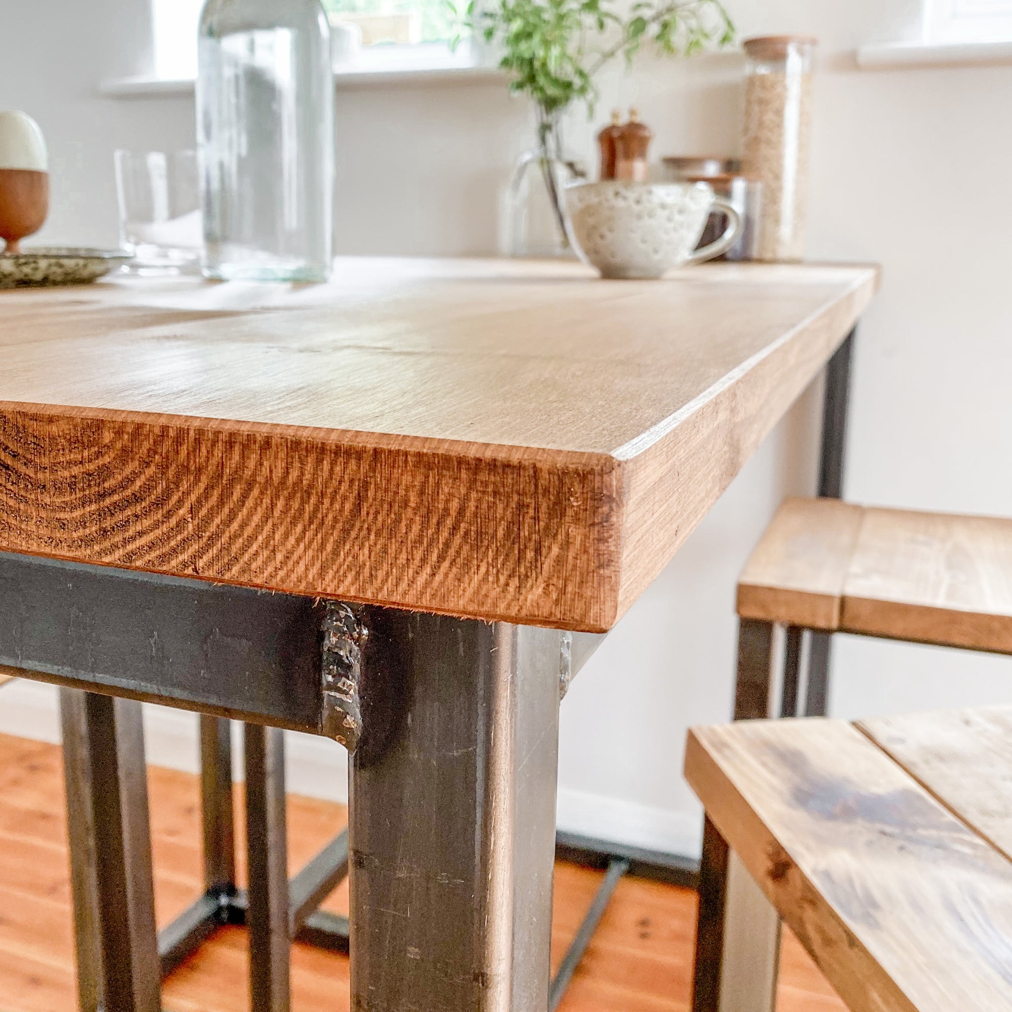Breakfast bar table kitchen stool set tall high stools pair 4 seat 6 seater island pub bench oak Solid wood reclaimed industrial