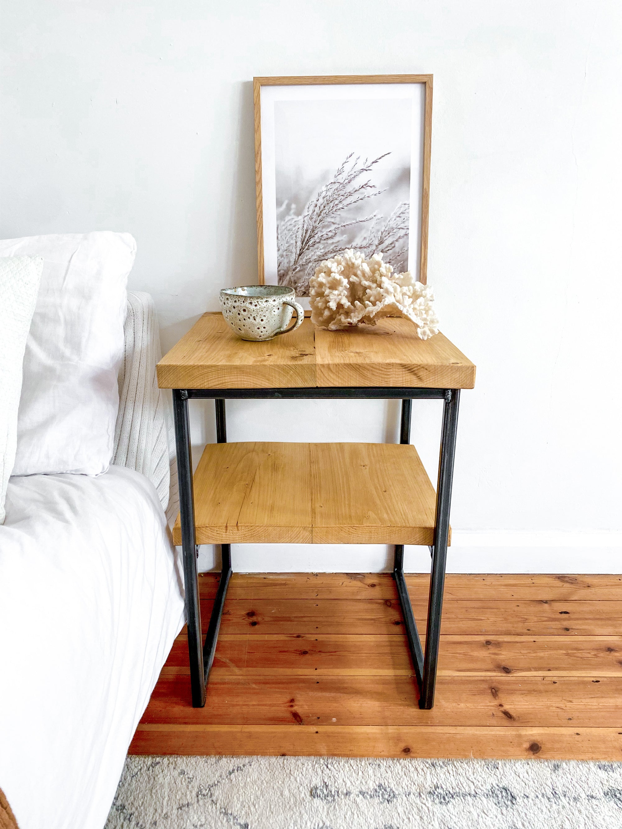 Wooden Bedside Table Small Side set Narrow Slim Oak Rustic Nightstand Bed Tall Low Pine Industrial Metal Scandi Mid century