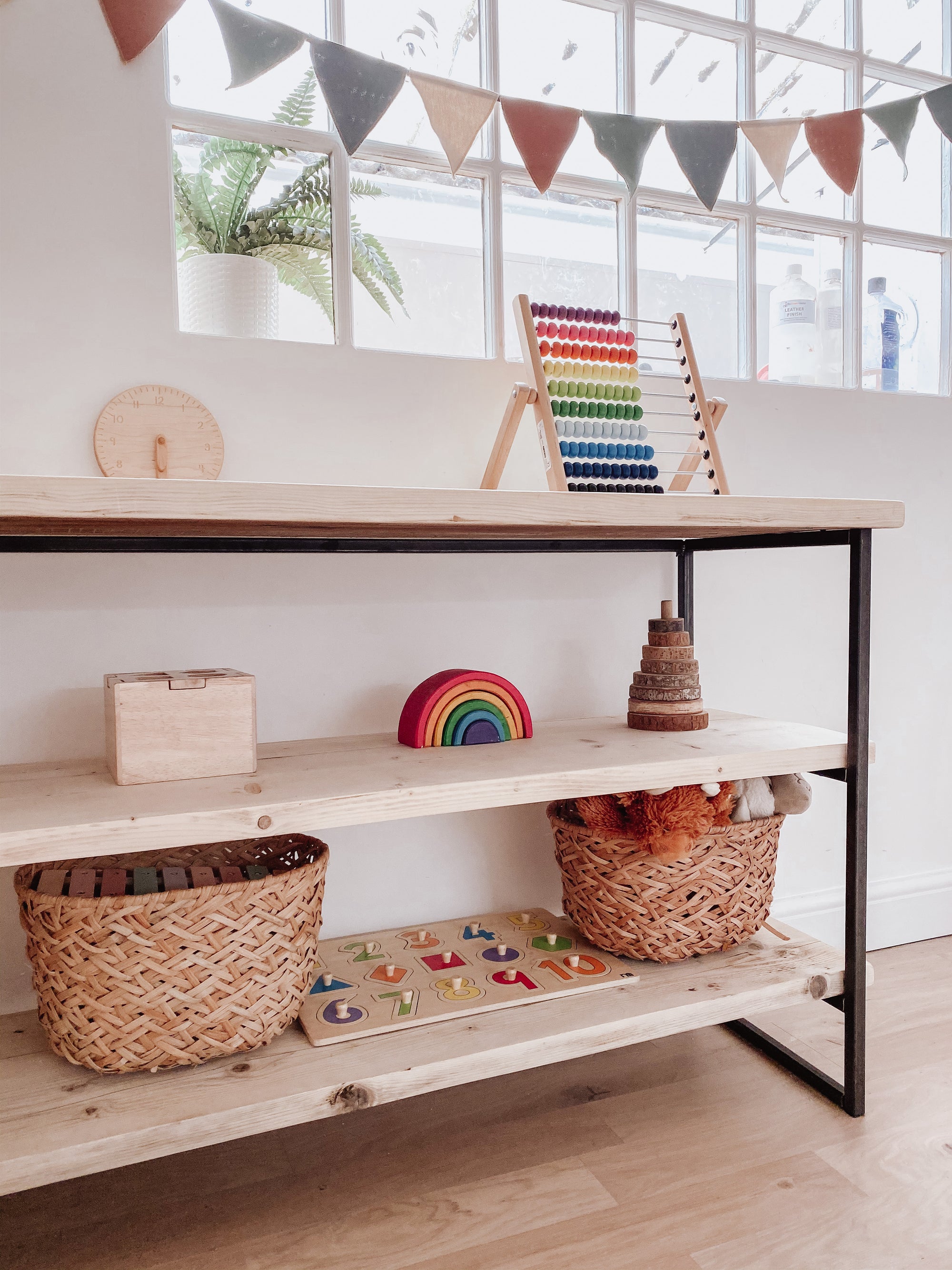 Wooden Toy Shelf Montessori Open Storage Bookcase Toyshelf Display wood raw play toddler kids bedroom furniture Scandi Nordic rustic boho shelving.