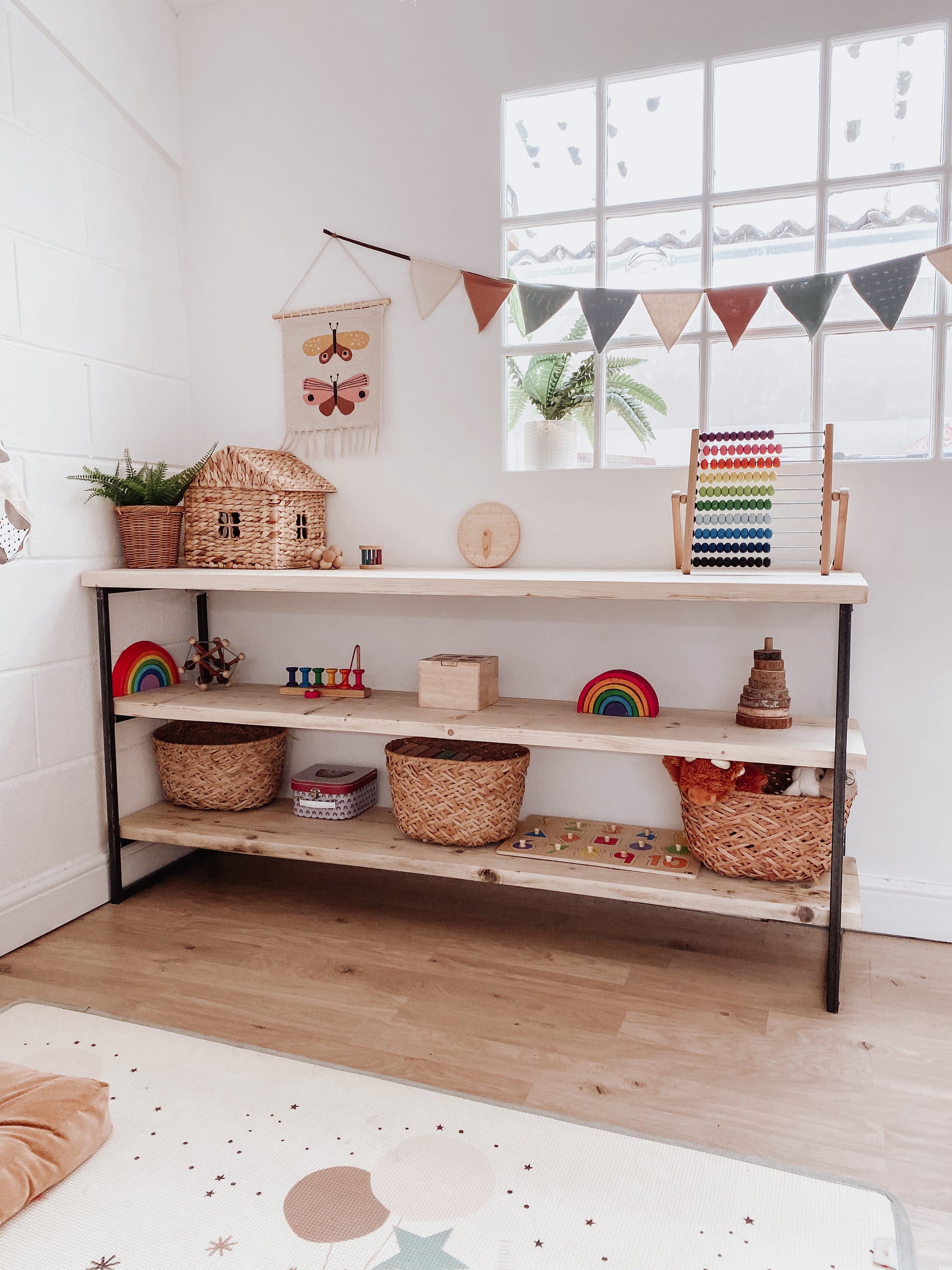 Wooden Toy Shelf Montessori Open Storage Bookcase Toyshelf Display wood raw play toddler kids bedroom furniture Scandi Nordic rustic boho shelving.