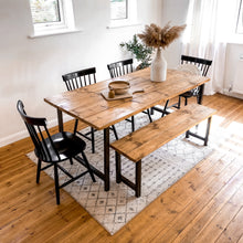Load image into Gallery viewer, Kitchen Table Dining Set With Bench Oak Wood Small to 8 Seater Space Saving Wooden Scandi 4 seat Chairs Rustic Reclaimed Narrow Farmhouse Modern
