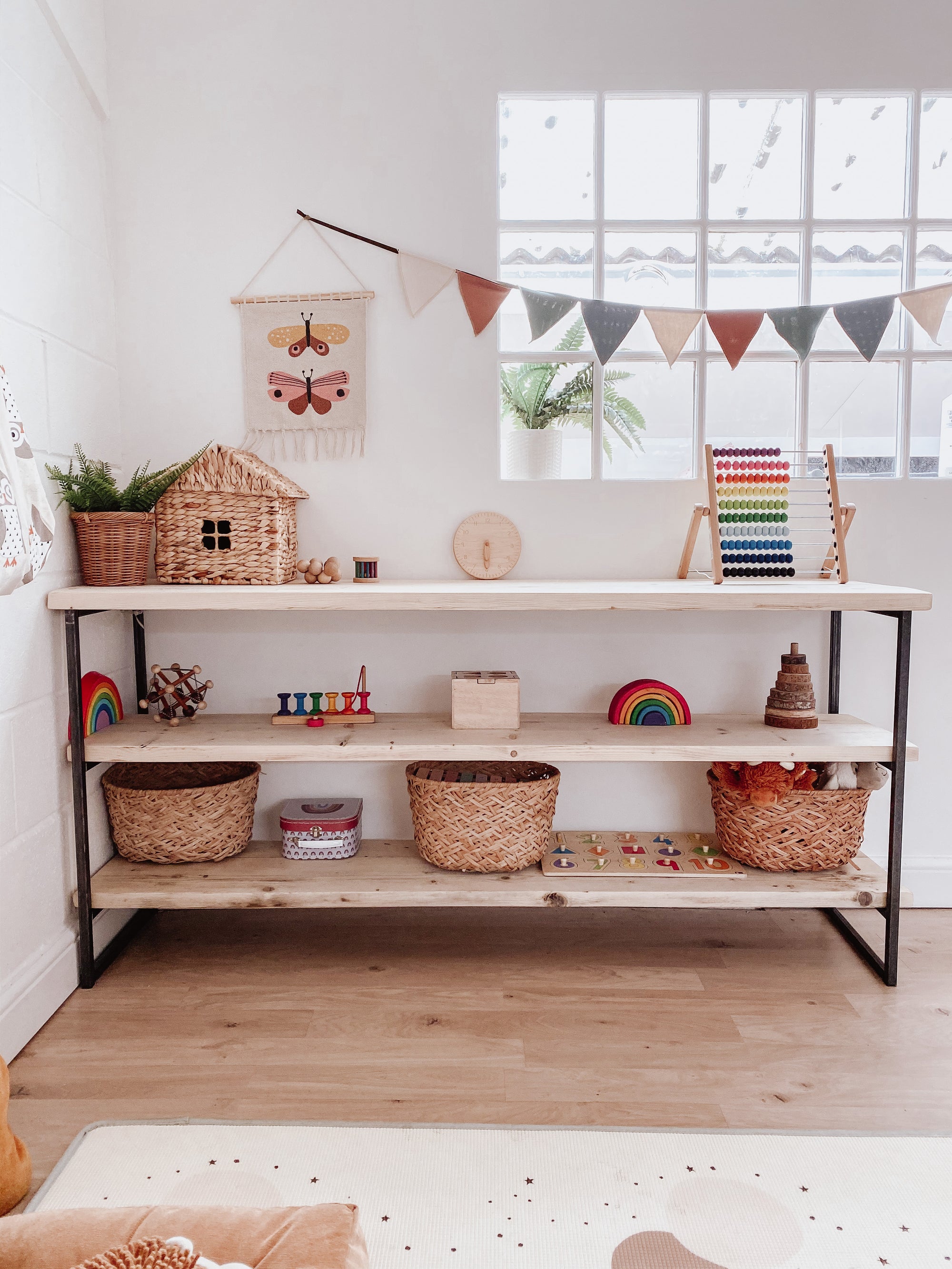 Wooden Toy Shelf Montessori Open Storage Bookcase Toyshelf Display wood raw play toddler kids bedroom furniture Scandi Nordic rustic boho shelving.