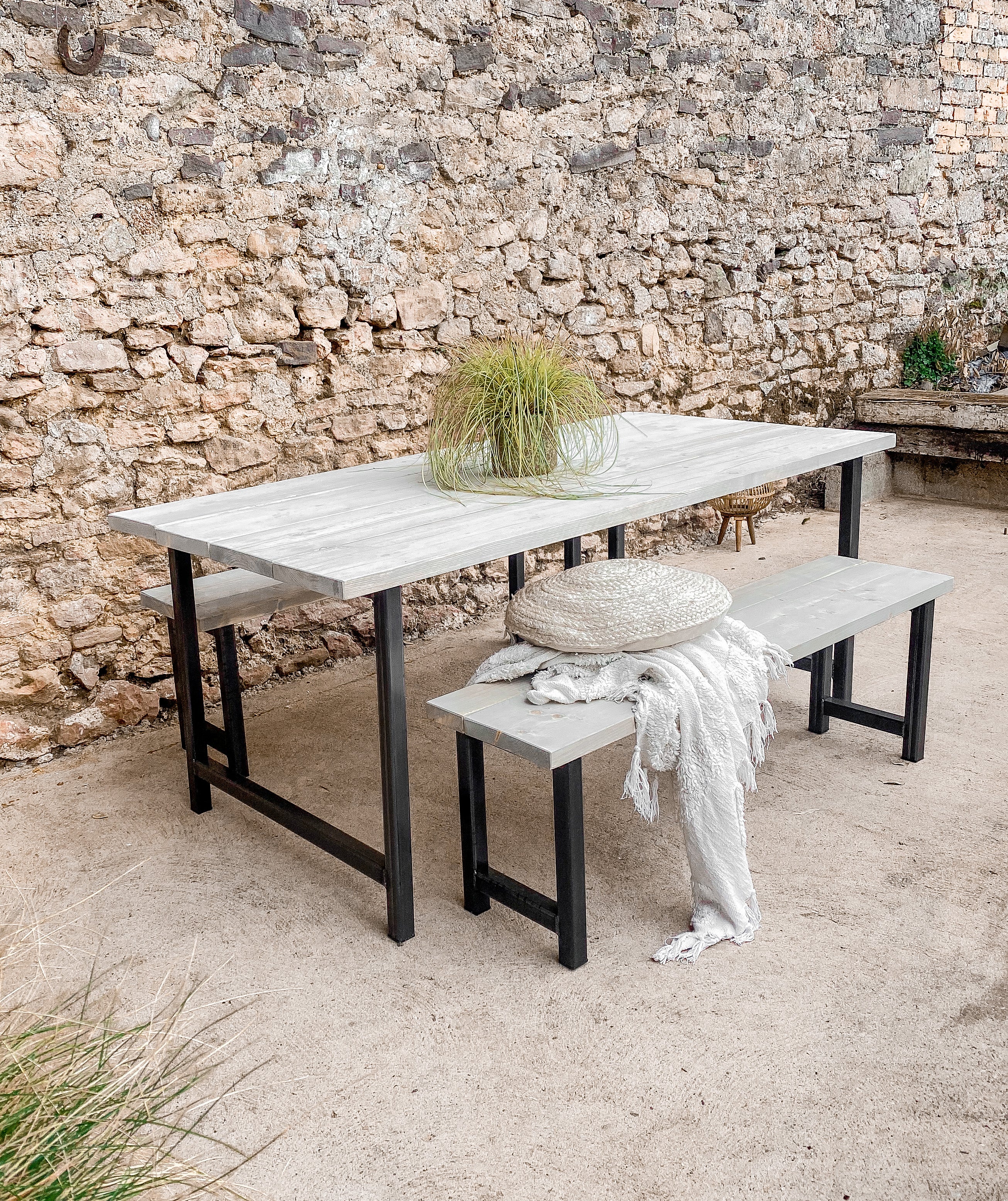 Outdoor Garden Table Wooden Set Dining Grey Solid Wood Bench Piece