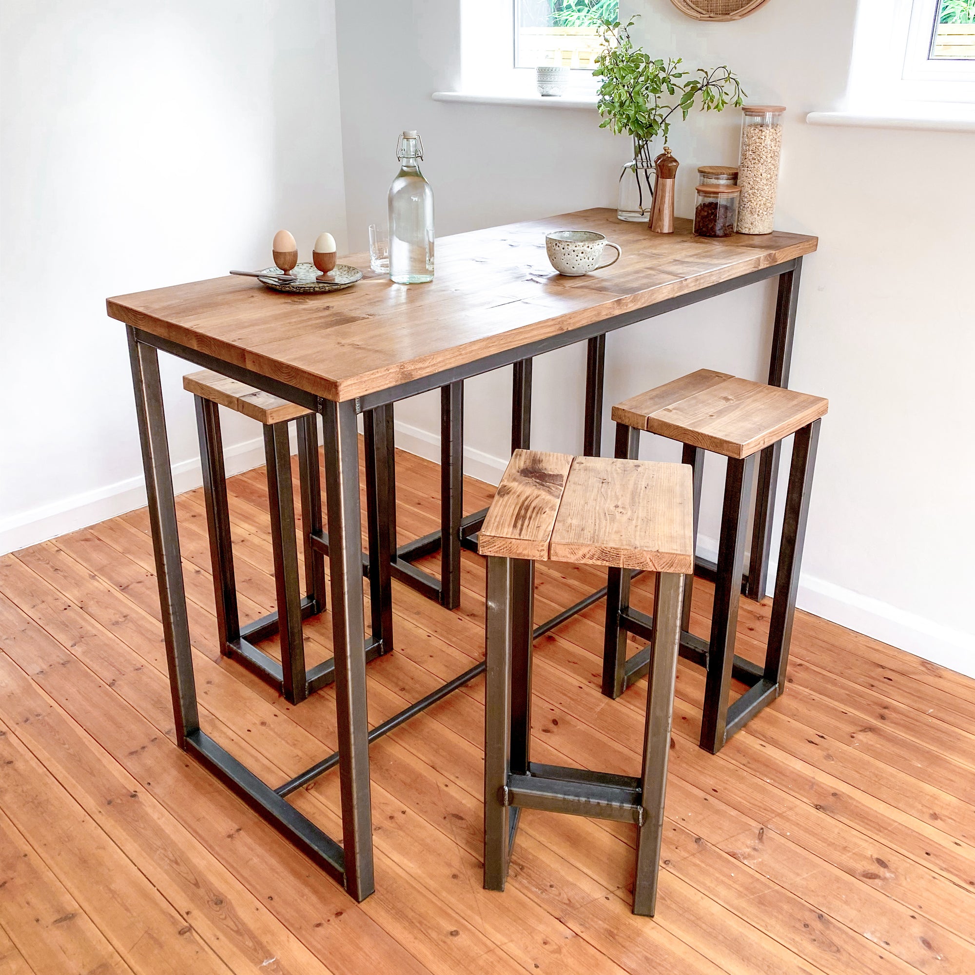 Breakfast bar table kitchen stool set tall high stools pair 4 seat 6 seater island pub bench oak Solid wood reclaimed industrial Media 1 of 19