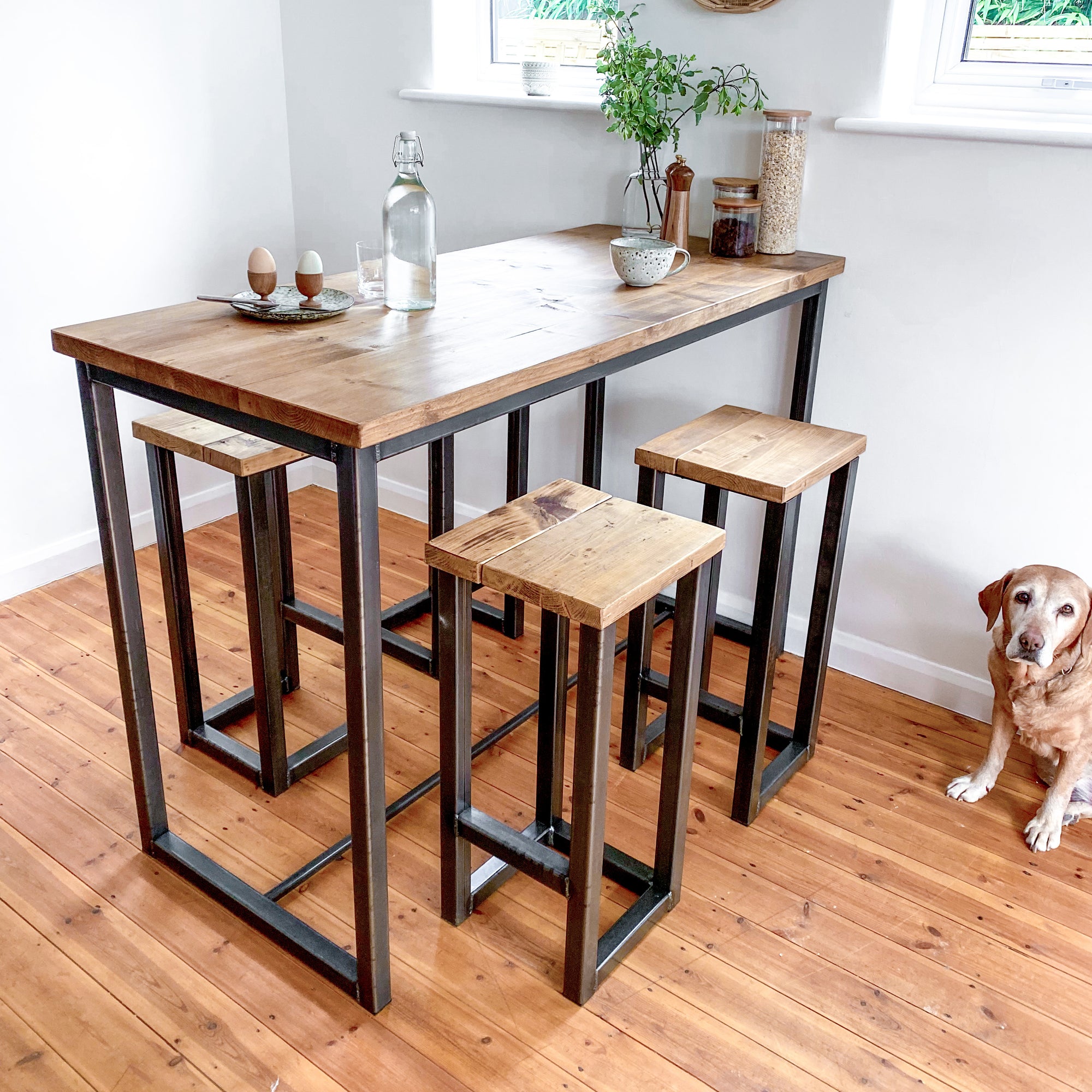 Breakfast bar table kitchen stool set tall high stools pair 4 seat 6 seater island pub bench oak Solid wood reclaimed industrial Media 1 of 19