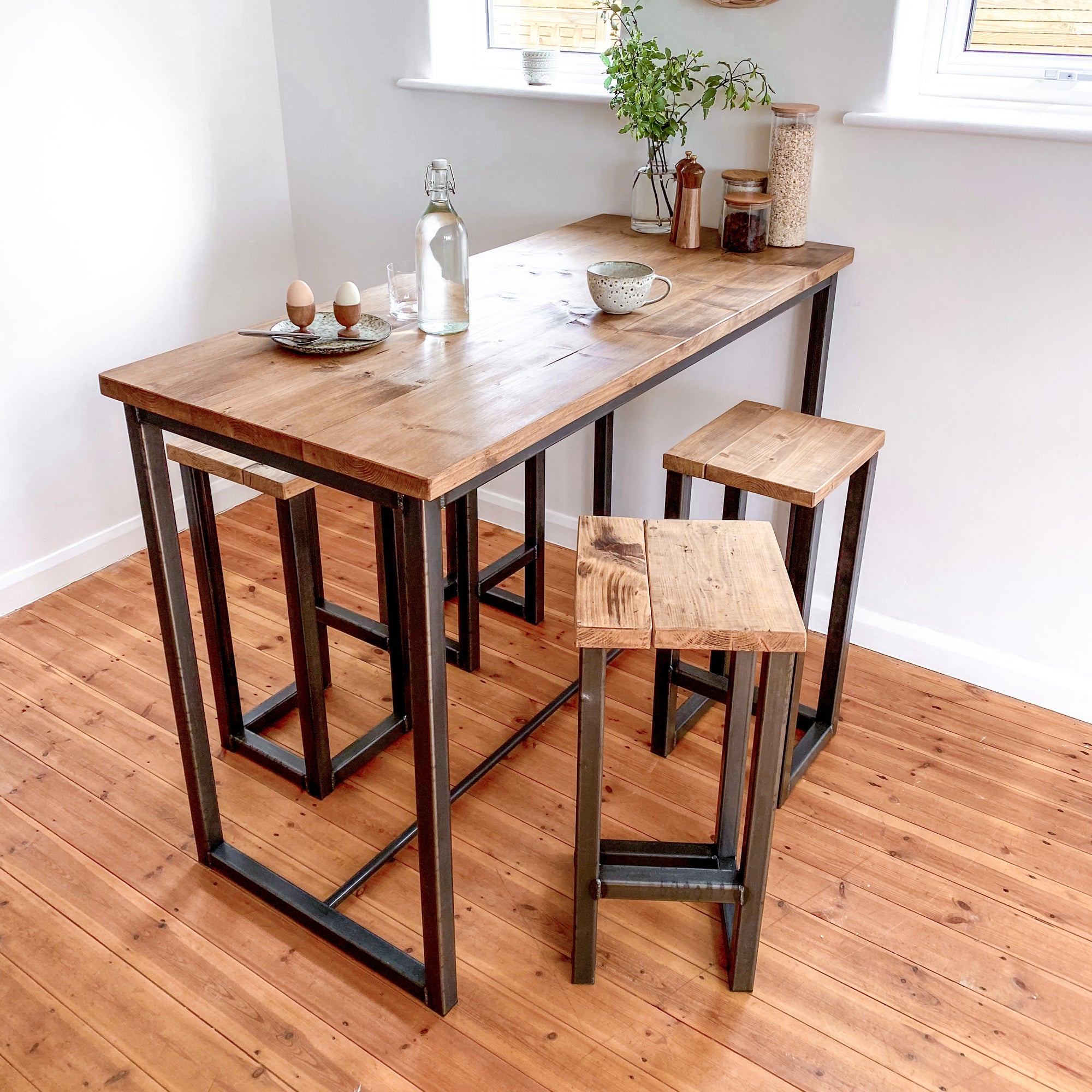 Breakfast bar table kitchen stool set tall high stools pair 4 seat 6 seater island pub bench oak Solid wood reclaimed industrial