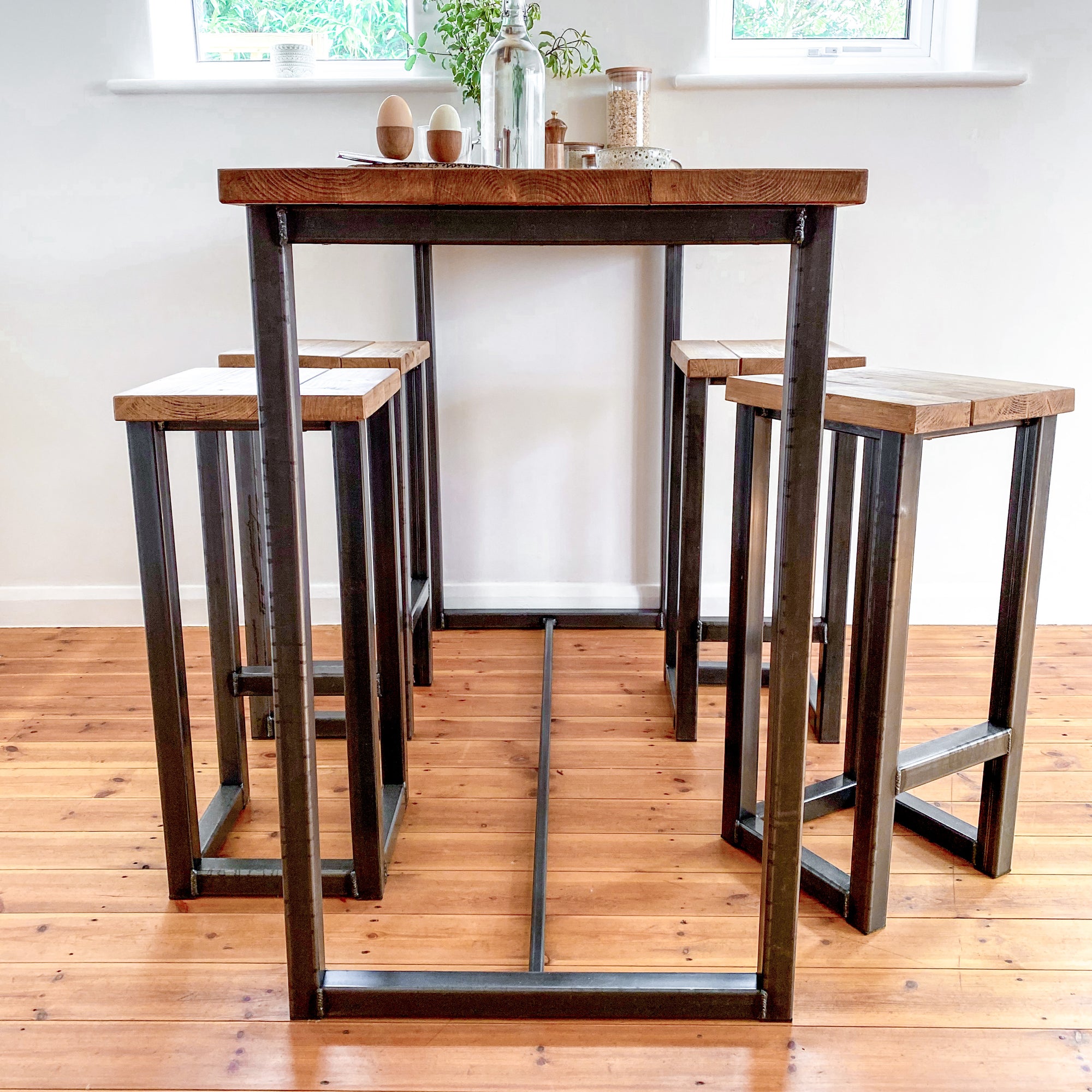 Breakfast bar table kitchen stool set tall high stools pair 4 seat 6 seater island pub bench oak Solid wood reclaimed industrial Media 1 of 19