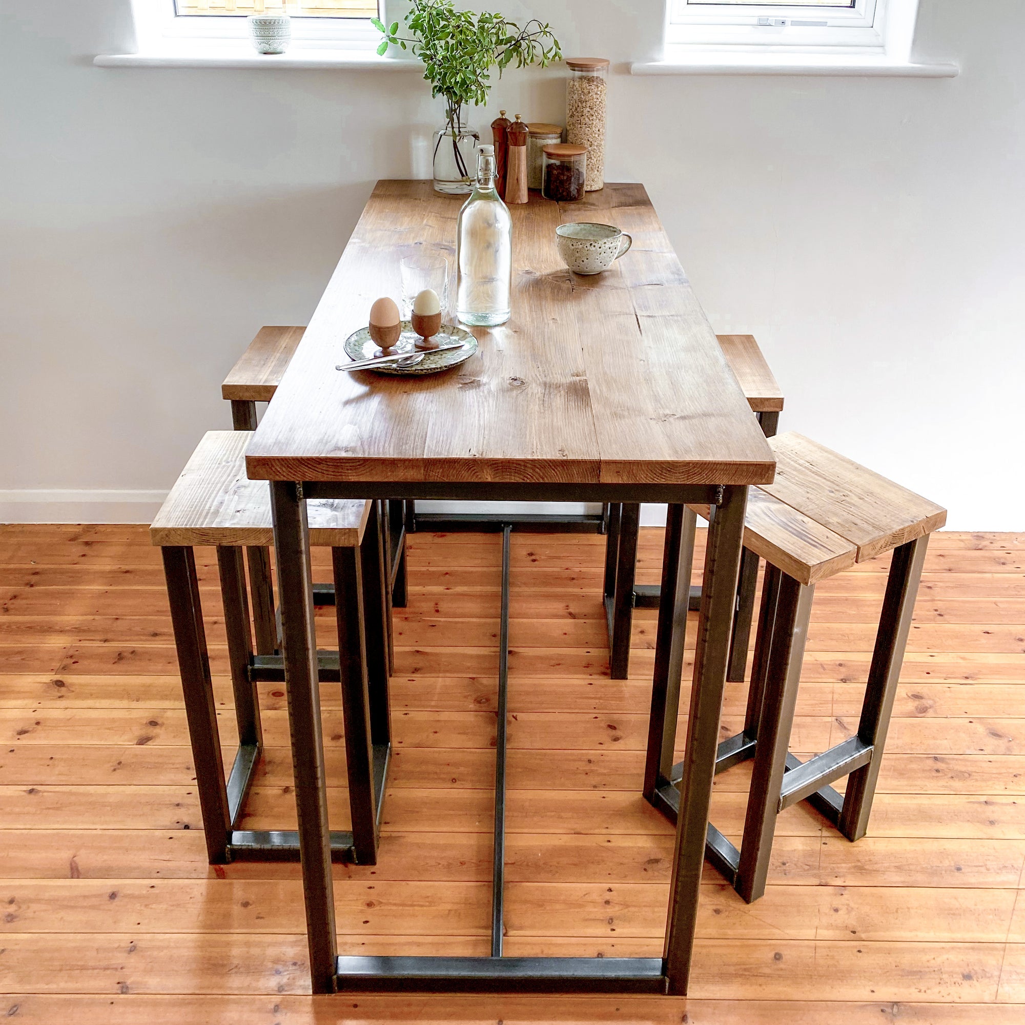 Breakfast bar table kitchen stool set tall high stools pair 4 seat 6 seater island pub bench oak Solid wood reclaimed industrial