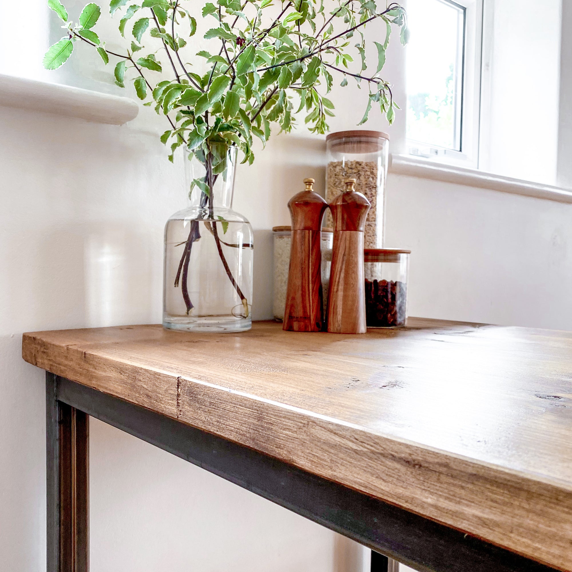 Breakfast bar table kitchen stool set tall high stools pair 4 seat 6 seater island pub bench oak Solid wood reclaimed industrial