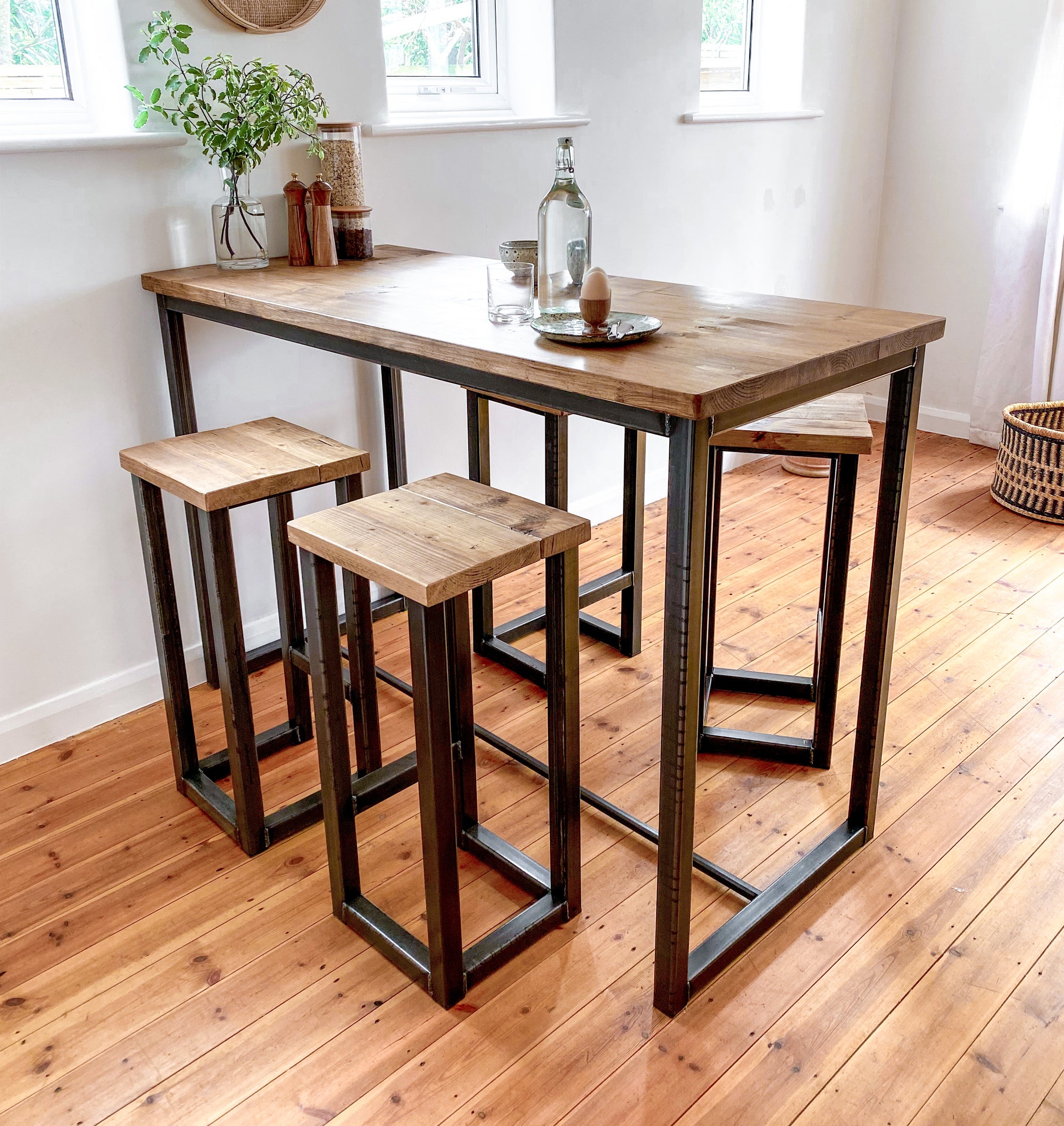 Breakfast bar table kitchen stool set tall high stools pair 4 seat 6 seater island pub bench oak Solid wood reclaimed industrial