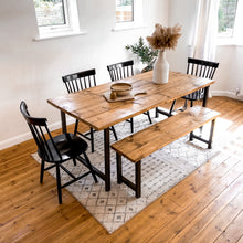 Load image into Gallery viewer, Kitchen Table Dining Set With Bench Oak Wood Small to 8 Seater Space Saving Wooden Scandi 4 seat Chairs Rustic Reclaimed Narrow Farmhouse Modern

