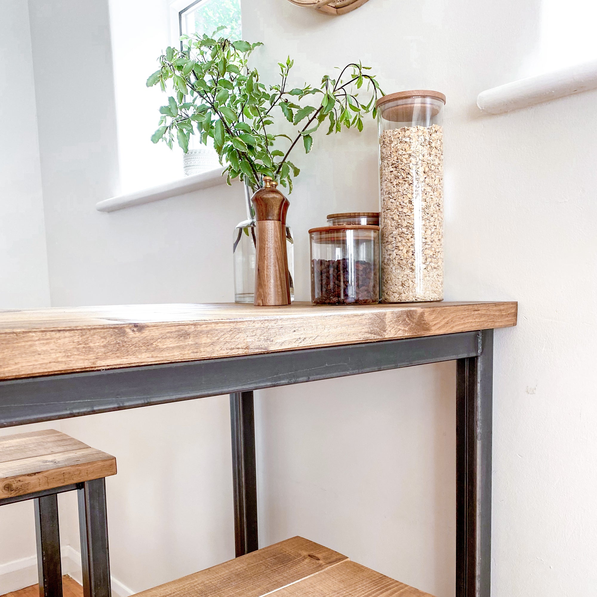 Breakfast bar table kitchen stool set tall high stools pair 4 seat 6 seater island pub bench oak Solid wood reclaimed industrial