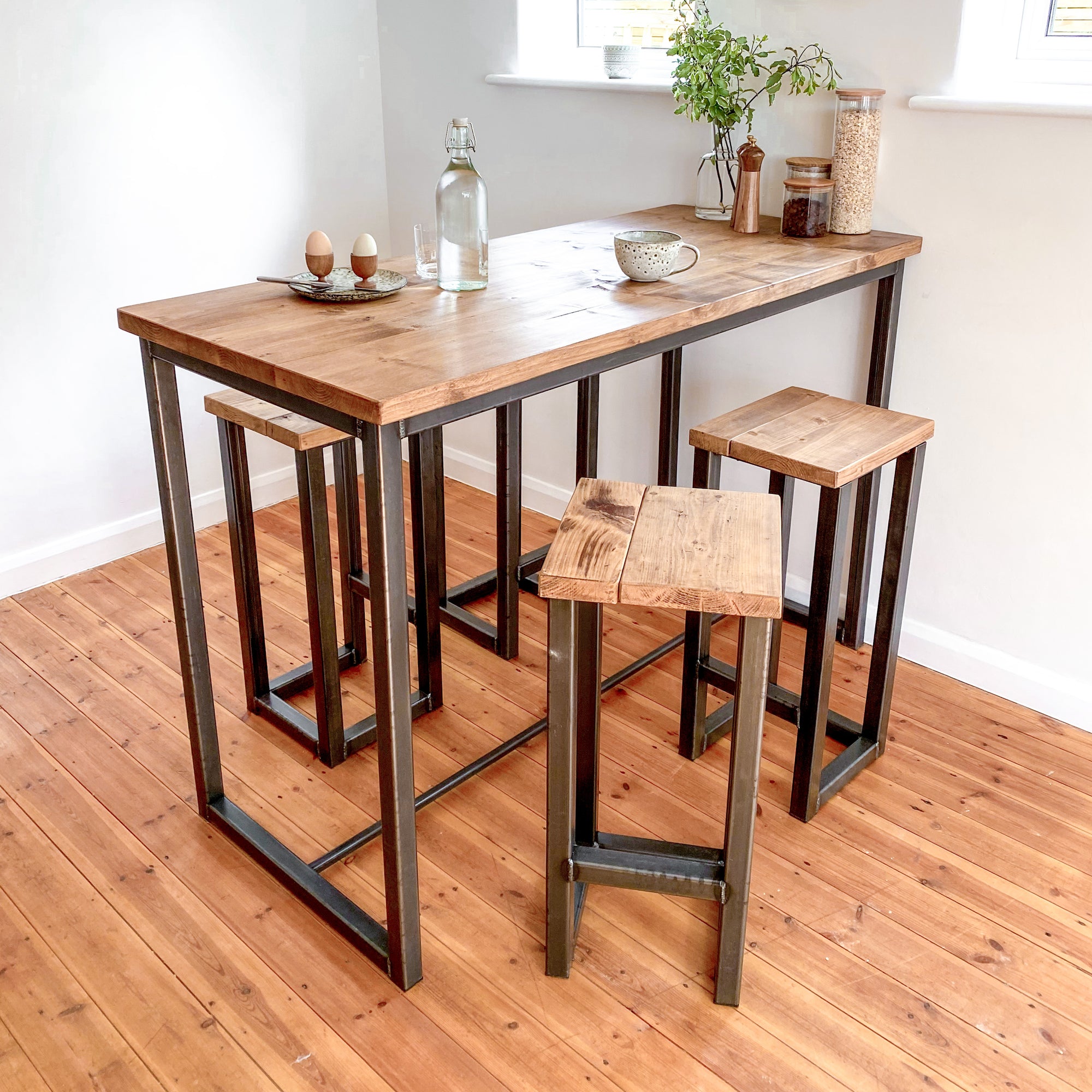 Breakfast bar table kitchen stool set tall high stools pair 4 seat 6 seater island pub bench oak Solid wood reclaimed industrial Media 1 of 19