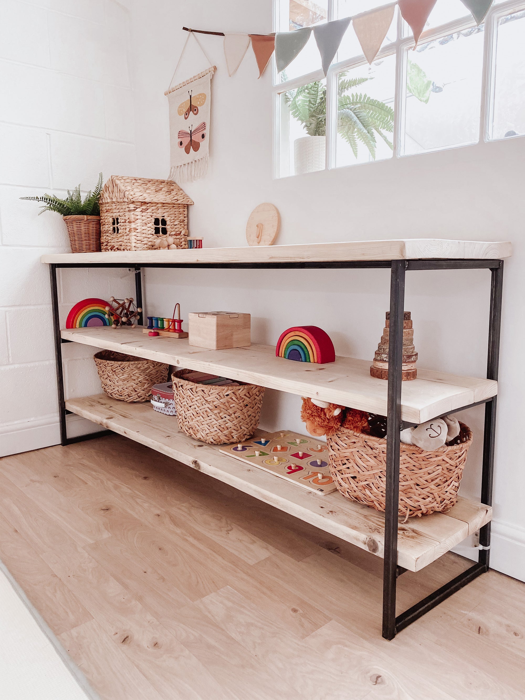 Wooden Toy Shelf Montessori Open Storage Bookcase Toyshelf Display wood raw play toddler kids bedroom furniture Scandi Nordic rustic boho shelving.