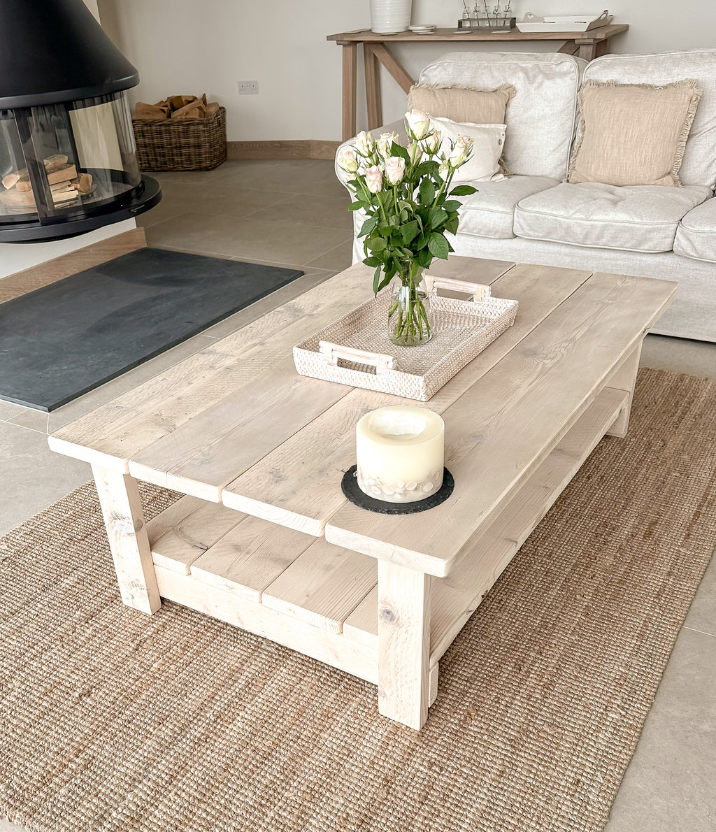 Whitewashed Coffee Table – Reclaimed Wood with Storage Shelf