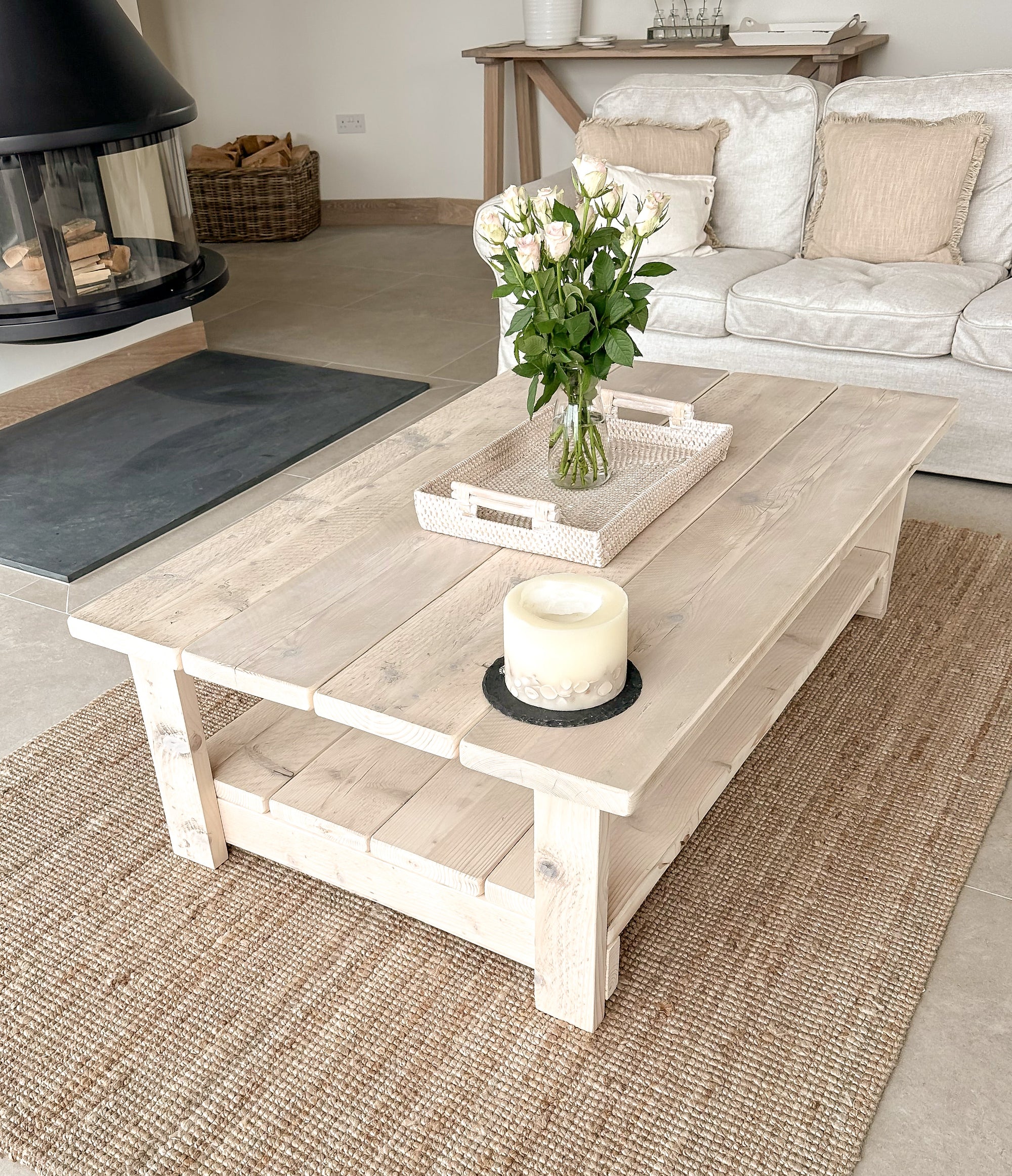 Whitewashed Coffee Table – Reclaimed Wood with Storage Shelf