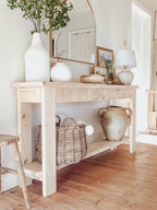 Rustic Wooden Console Table Reclaimed Wood with Vase and farmhouse lamp