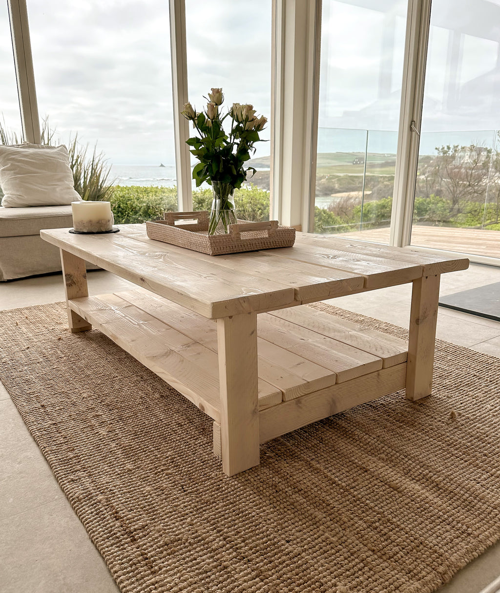 Whitewashed Coffee Table – Reclaimed Wood with Storage Shelf