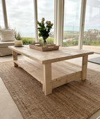 Whitewashed Coffee Table – Reclaimed Wood with Storage Shelf
