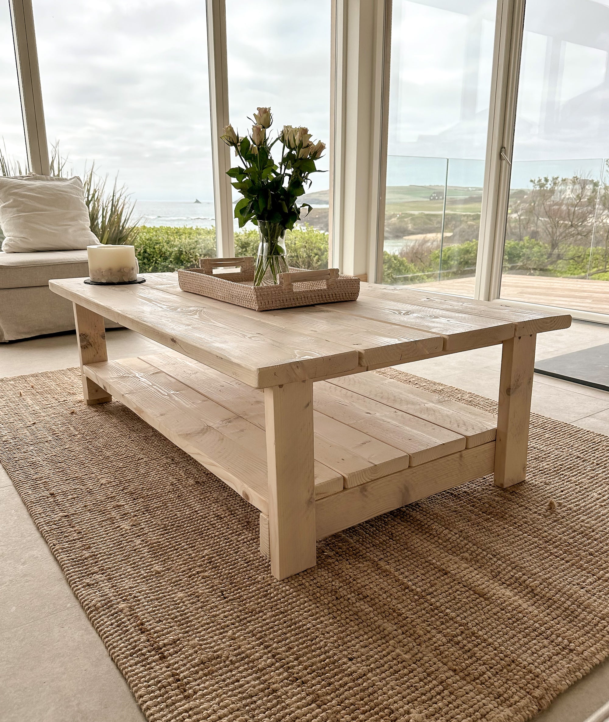Whitewashed Coffee Table – Reclaimed Wood with Storage Shelf