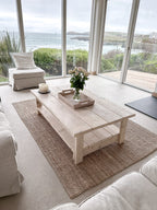 Whitewashed Coffee Table – Reclaimed Wood with Storage Shelf