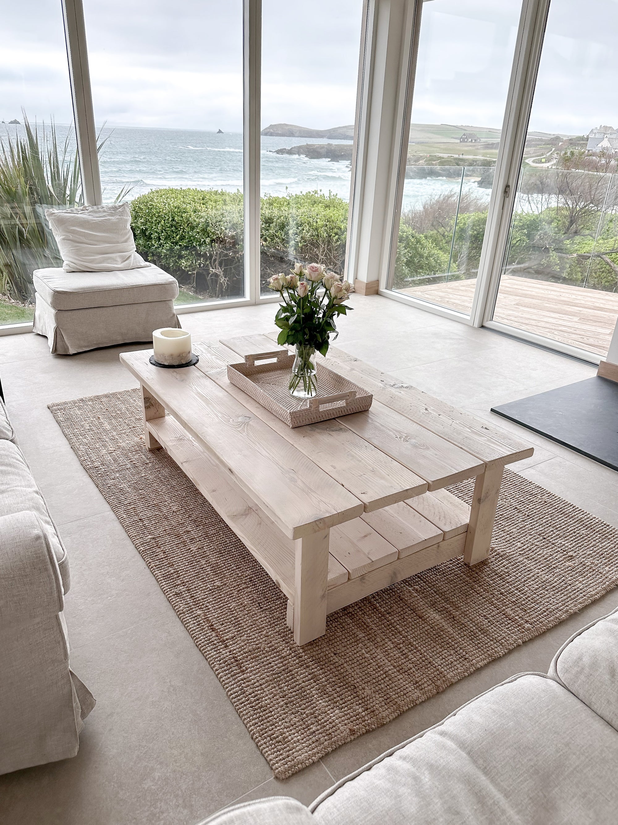 Whitewashed Coffee Table – Reclaimed Wood with Storage Shelf