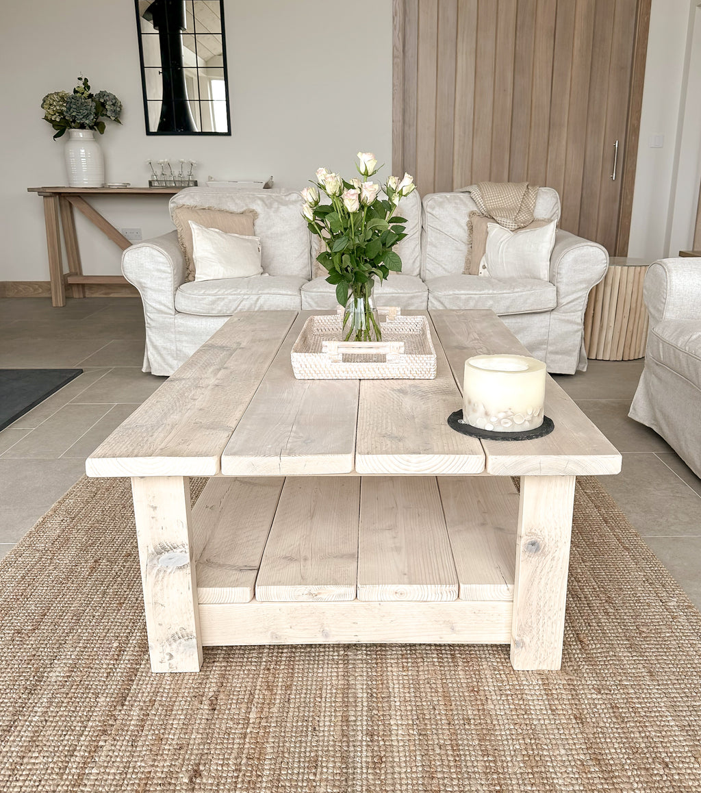 Whitewashed Coffee Table – Reclaimed Wood with Storage Shelf