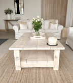 Whitewashed Coffee Table – Reclaimed Wood with Storage Shelf
