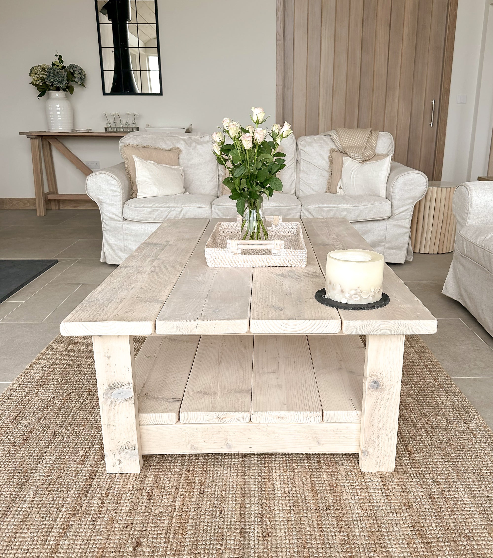 Whitewashed Coffee Table – Reclaimed Wood with Storage Shelf
