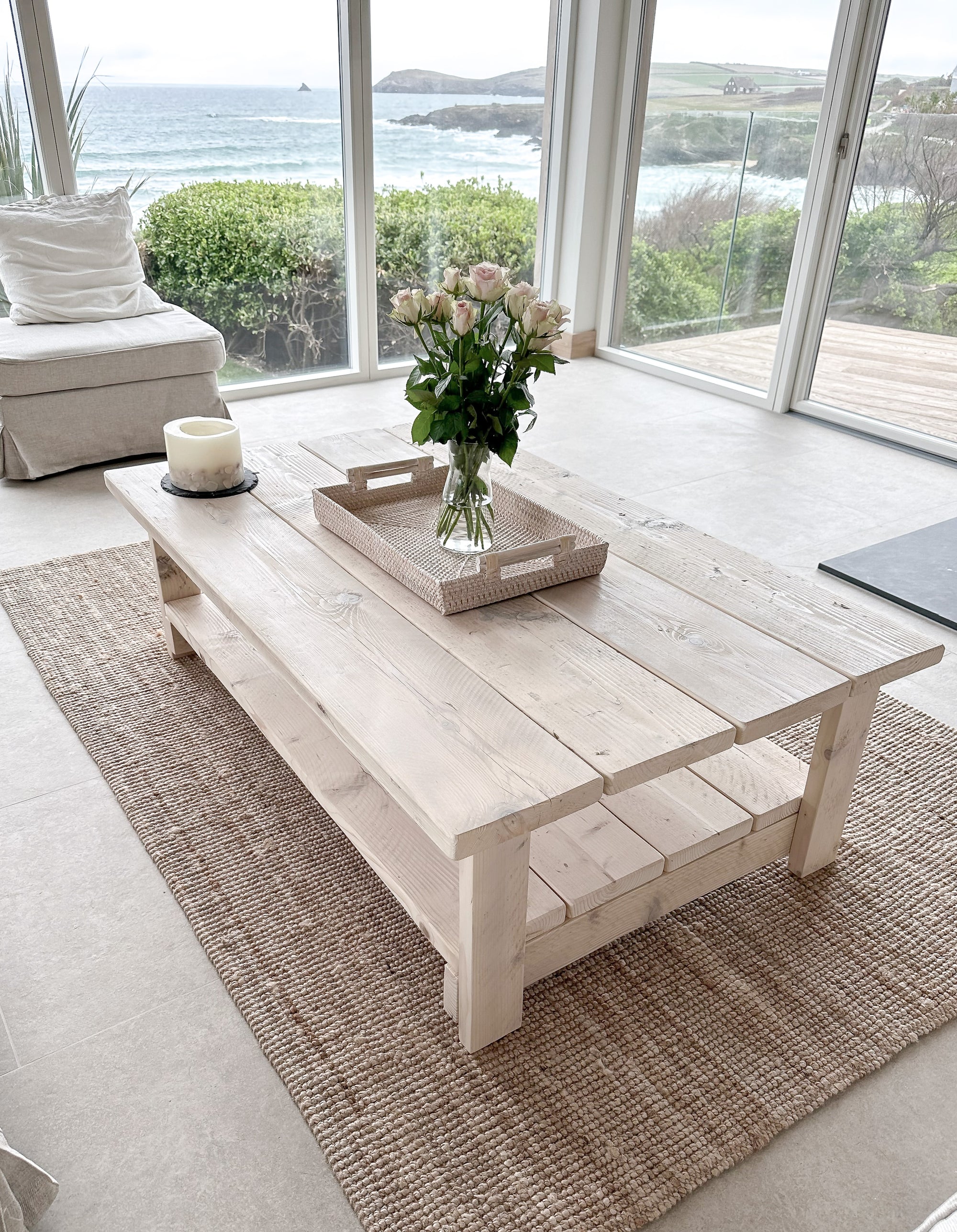 Whitewashed Coffee Table – Reclaimed Wood with Storage Shelf