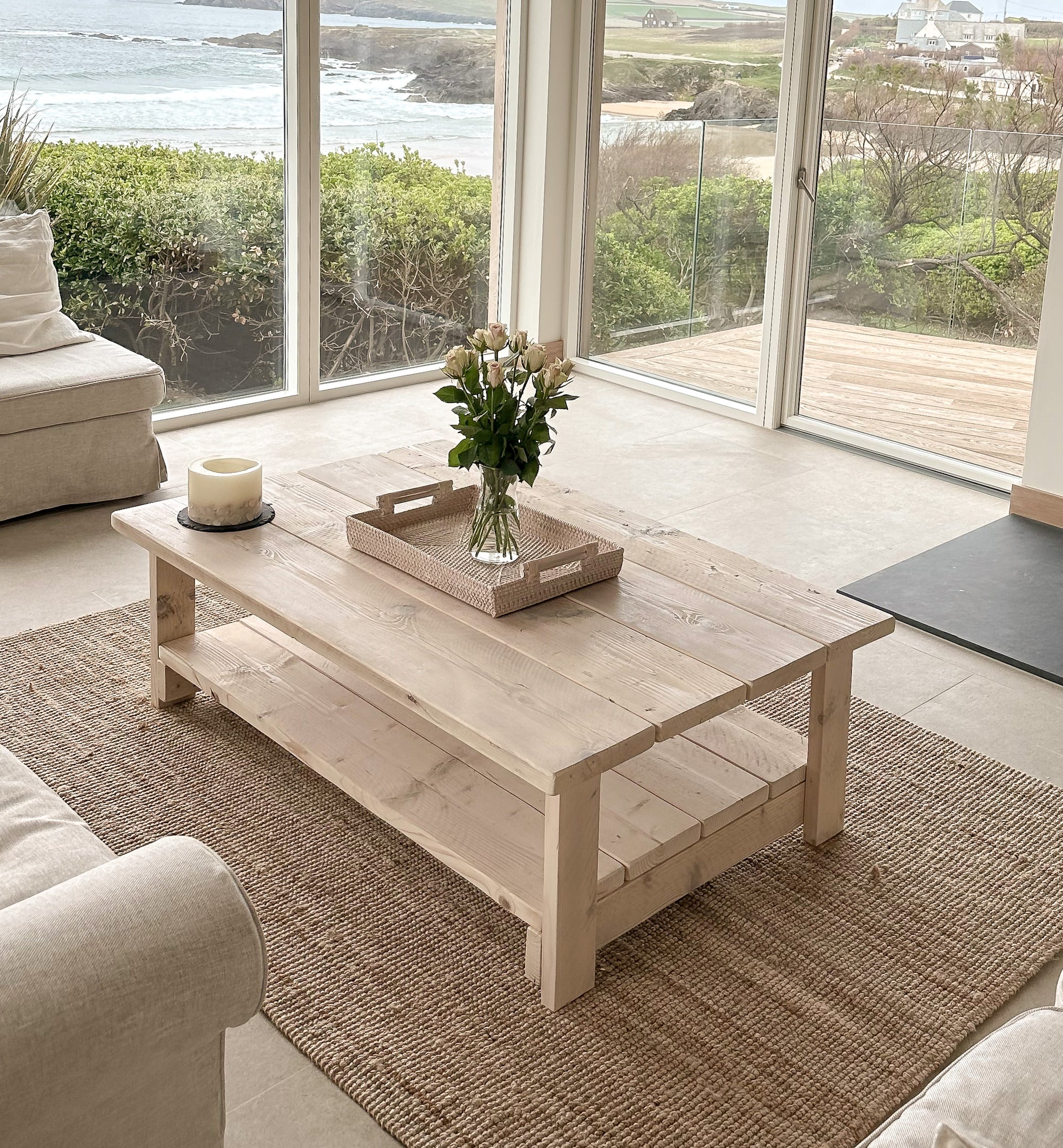 Whitewashed Coffee Table – Reclaimed Wood with Storage Shelf