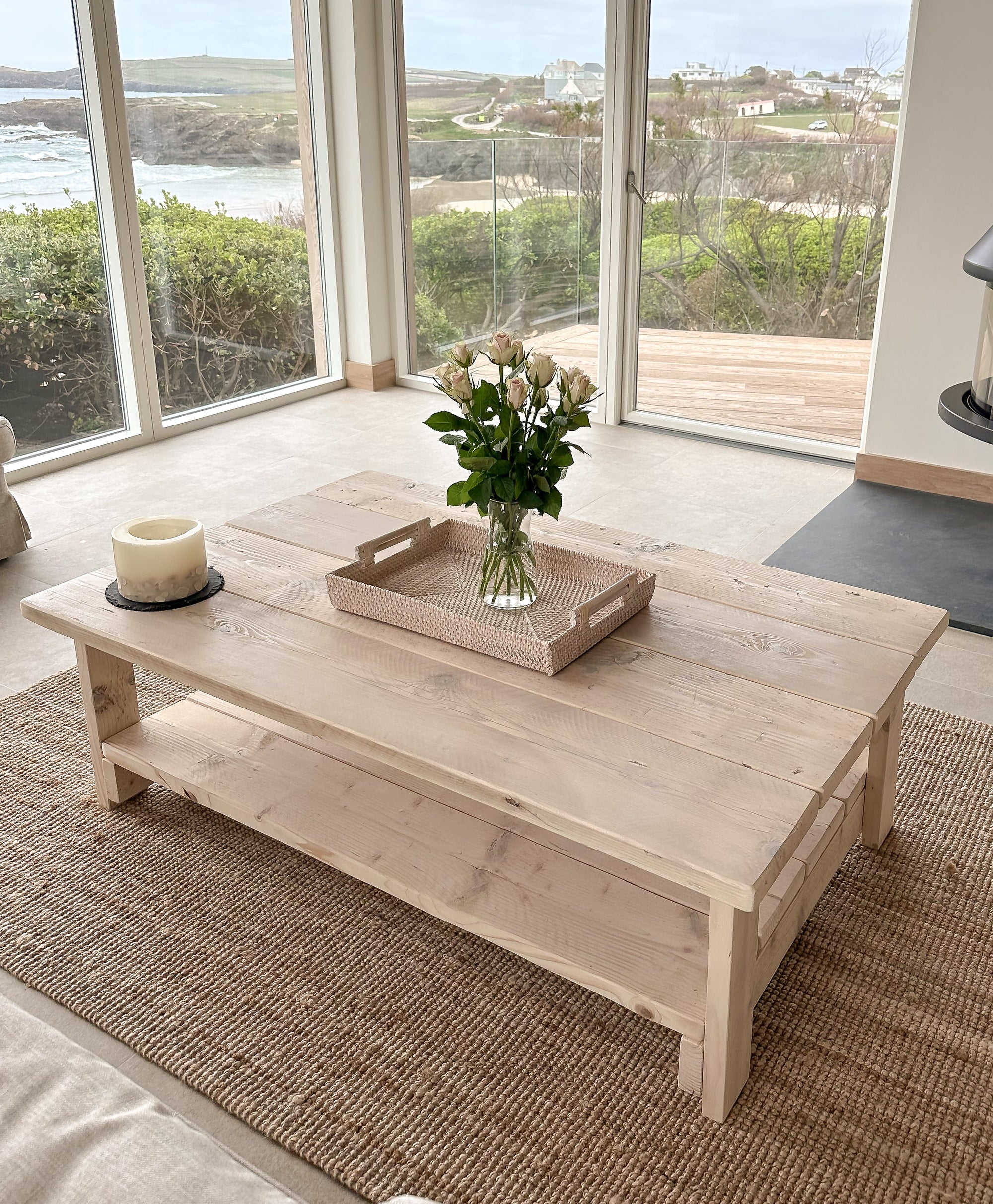 Whitewashed Coffee Table – Reclaimed Wood with Storage Shelf