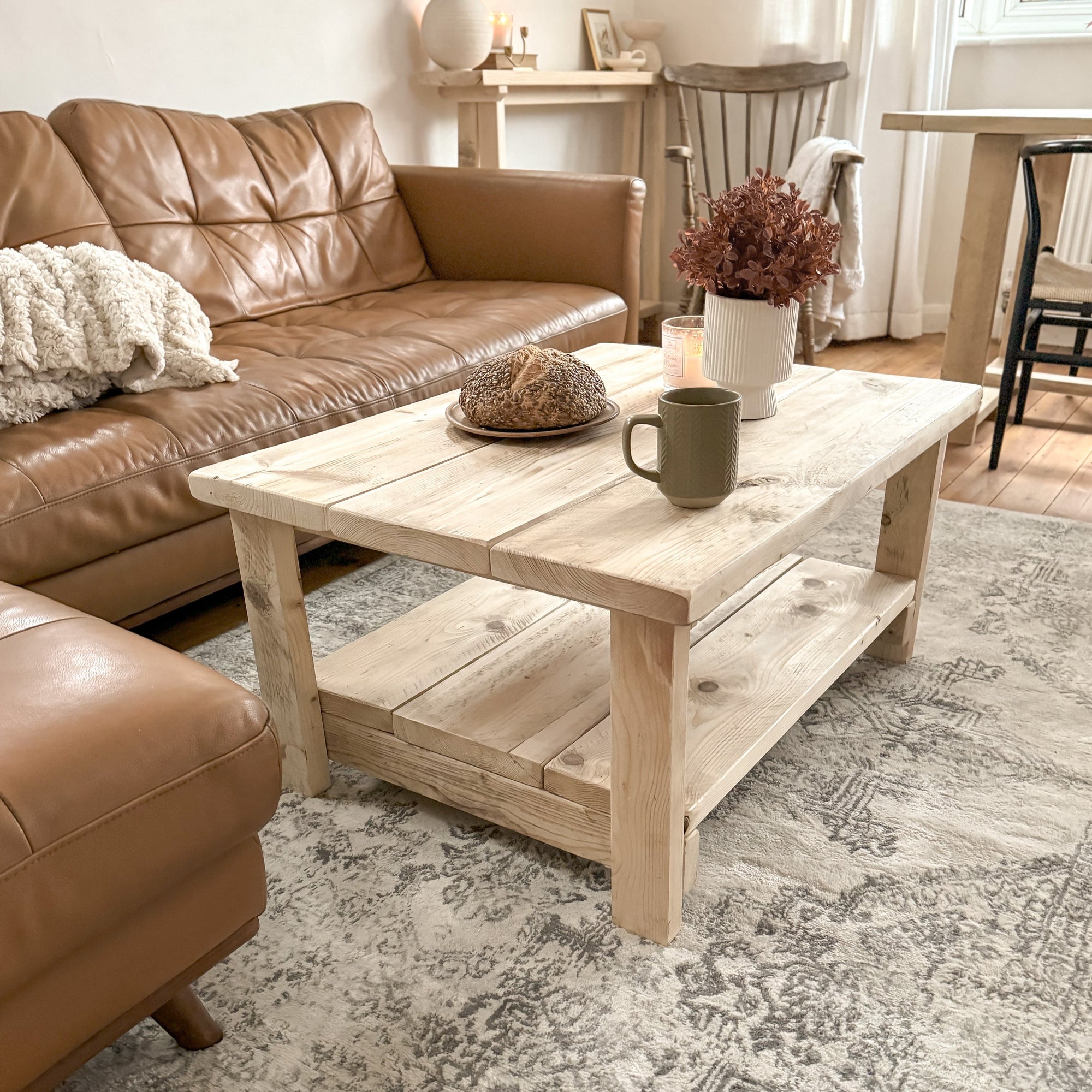 Devon-made rustic wooden coffee tables in Natural finish with storage shelf
